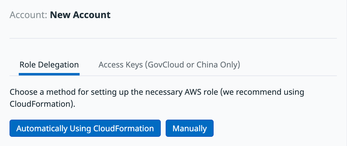 Datadog's New Account form. To proceed with AWS 1-click integration from here, click Automatically Using CloudFormation.