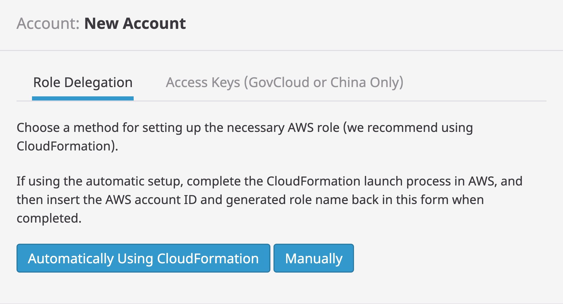 Datadog's New Account form. To proceed with AWS 1-click integration from here, click Automatically Using CloudFormation.