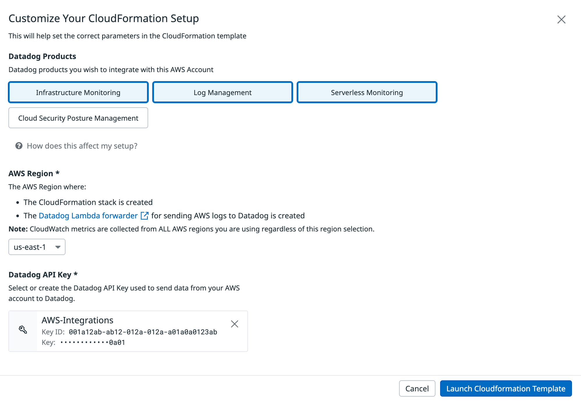 A setup form includes buttons for four Datadog products: infrastructure monitoring, log management, serverless monitoring, and cloud security posture management. A drop-down menu lists the AWS regions, and the API key to be used with the integration is shown.