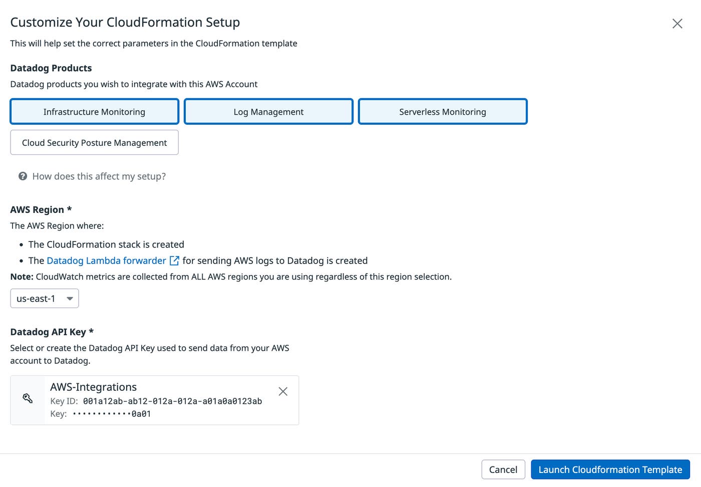 A setup form includes buttons for four Datadog products: infrastructure monitoring, log management, serverless monitoring, and cloud security posture management. A drop-down menu lists the AWS regions, and the API key to be used with the integration is shown. A setup form includes buttons for four Datadog products: infrastructure monitoring, log management, serverless monitoring, and cloud security posture management. A drop-down menu lists the AWS regions, and the API key to be used with the integration is shown.
