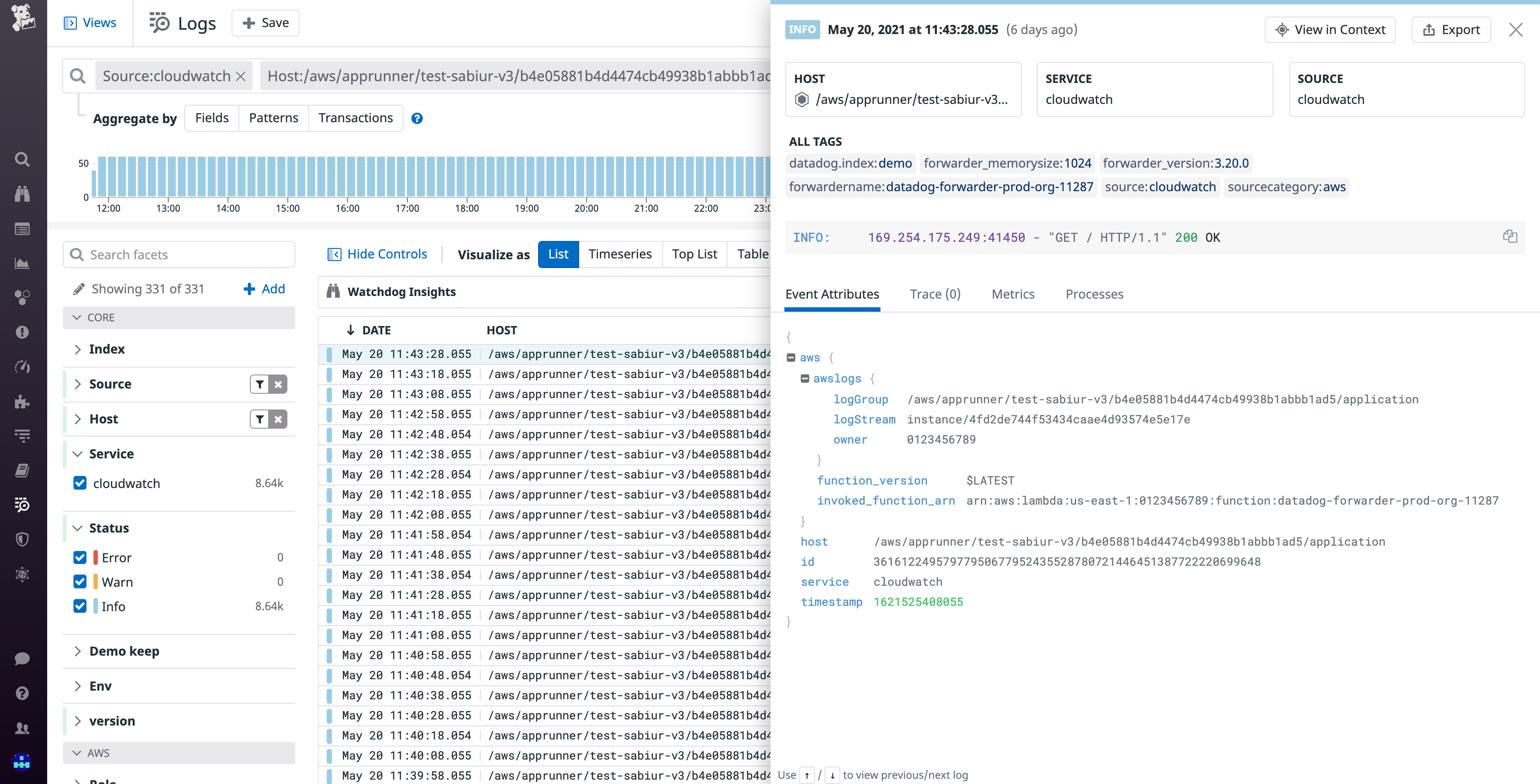 AWS App Runner logs in the Datadog Log Explorer