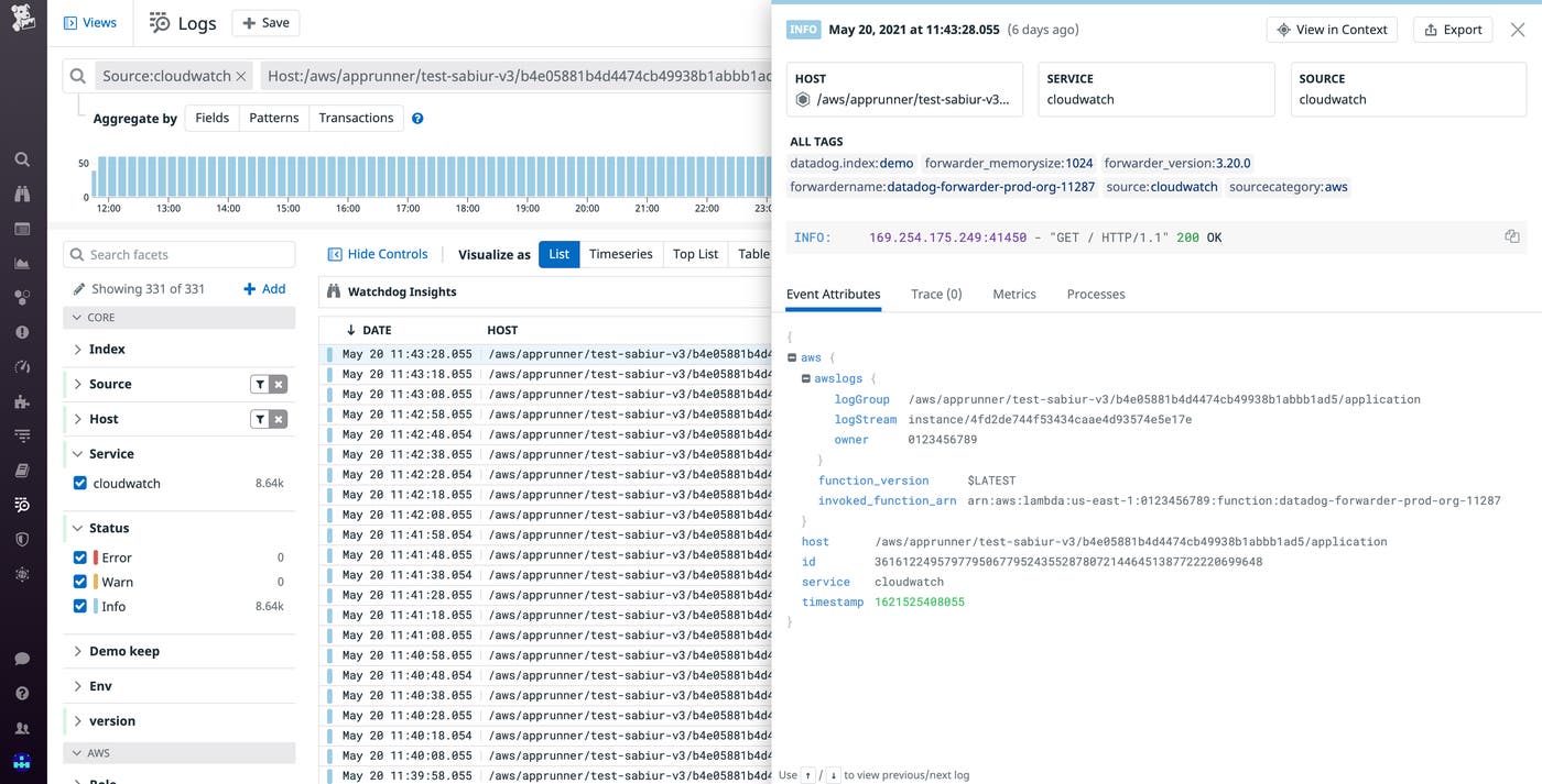 AWS App Runner logs in the Datadog Log Explorer AWS App Runner logs in the Datadog Log Explorer