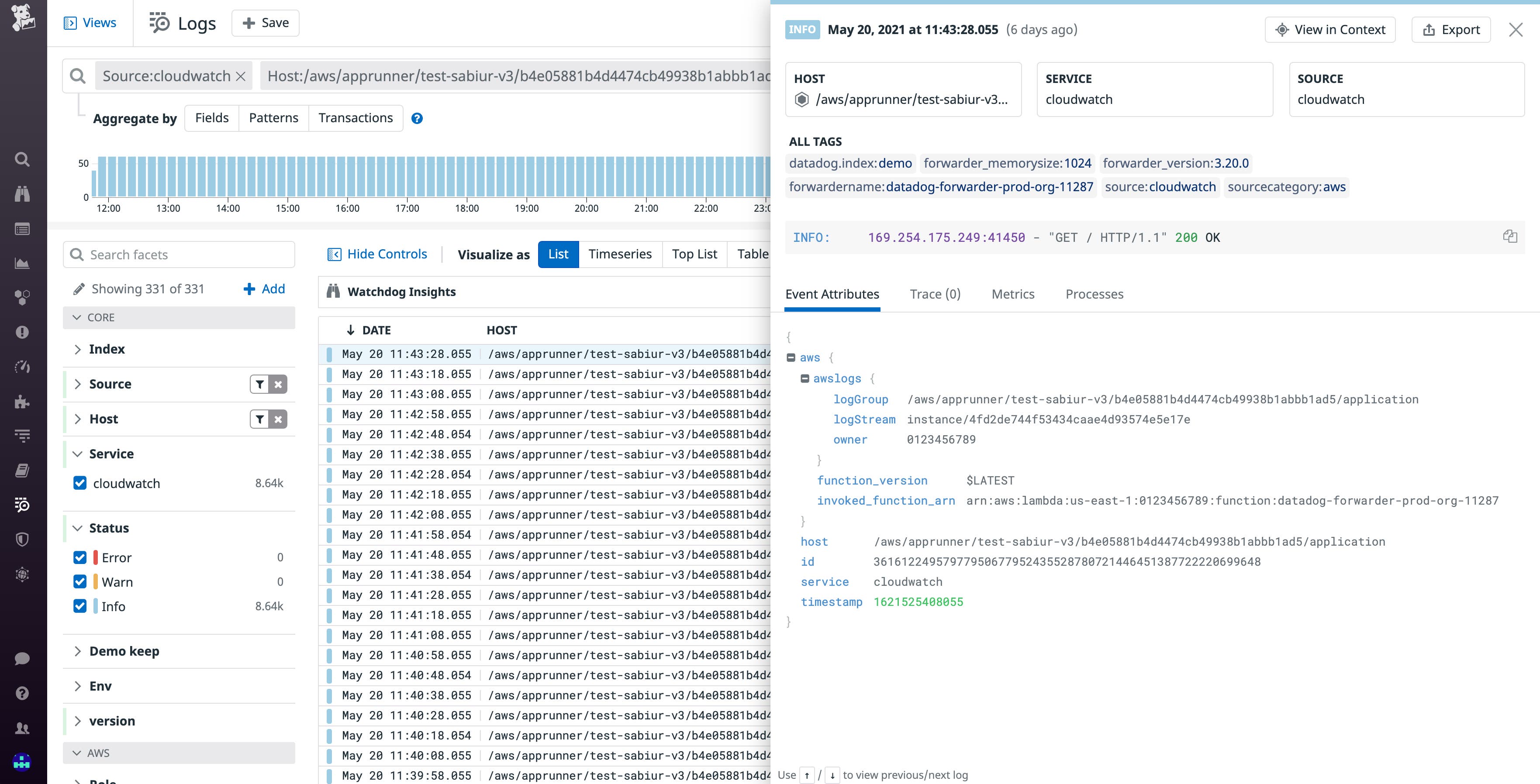 AWS App Runner logs in the Datadog Log Explorer AWS App Runner logs in the Datadog Log Explorer