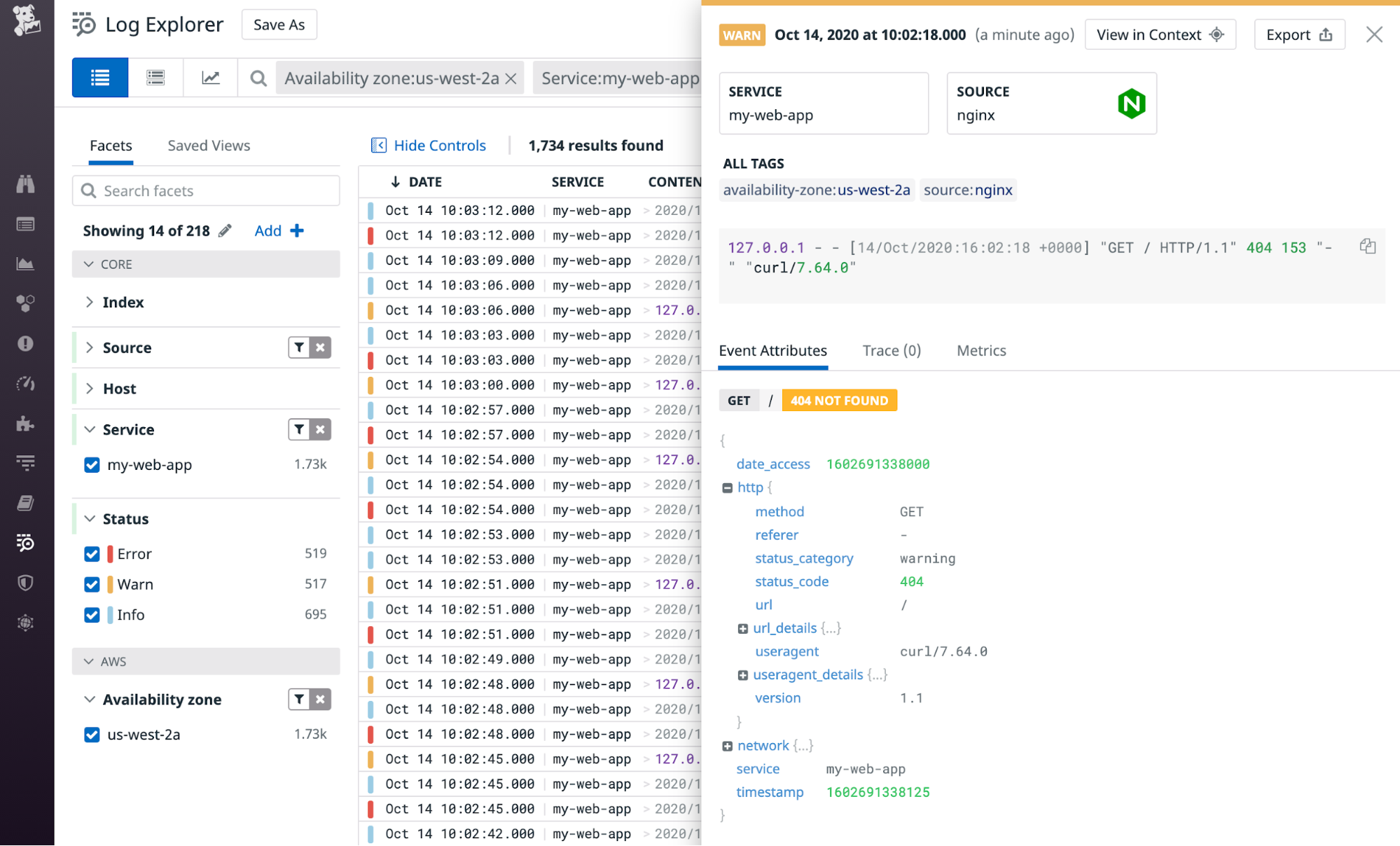The Datadog Log Explorer shows logs from the my web app service.