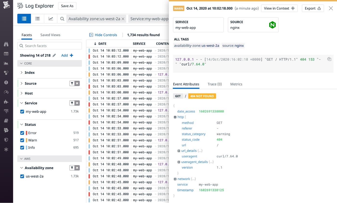 The Datadog Log Explorer shows logs from the my web app service. The Datadog Log Explorer shows logs from the my web app service.