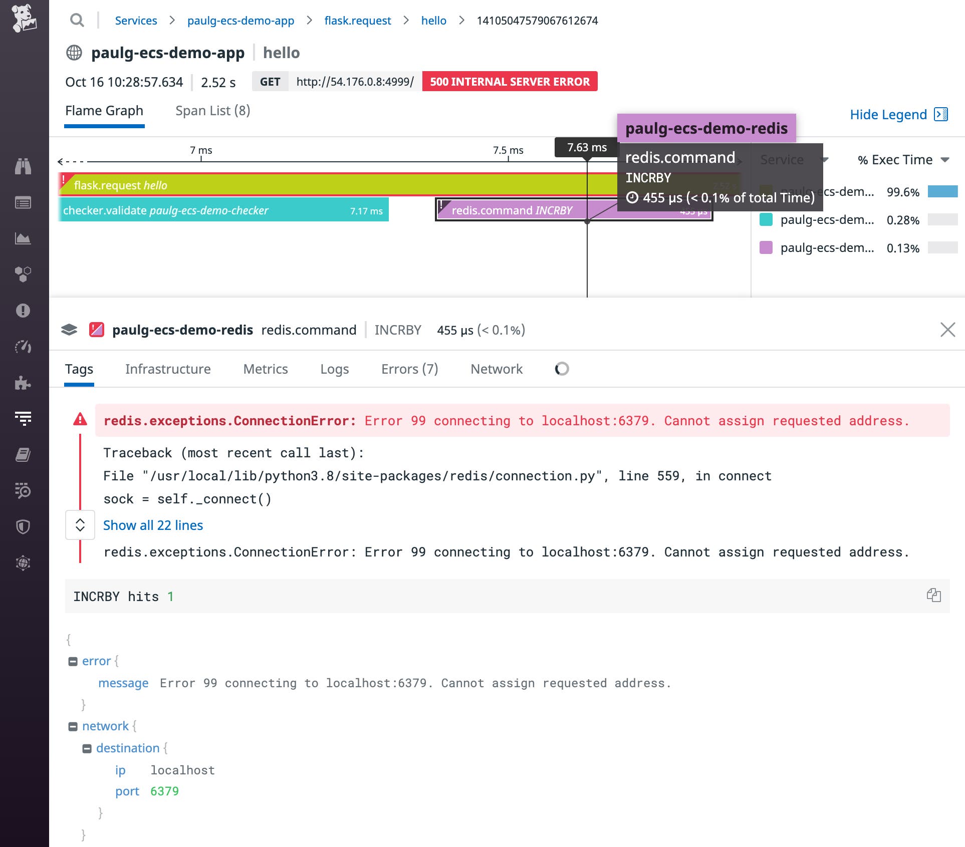 A screenshot shows a flamegraph from a request that resulted in a 500 error due to a Redis connection error. A screenshot shows a flamegraph from a request that resulted in a 500 error due to a Redis connection error.