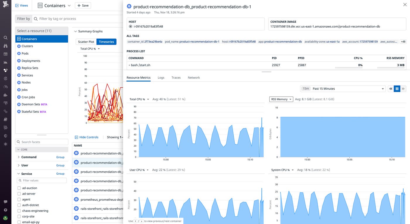 Viewing key container infrastructure metrics in the Containers sidepanel Viewing key container infrastructure metrics in the Containers sidepanel
