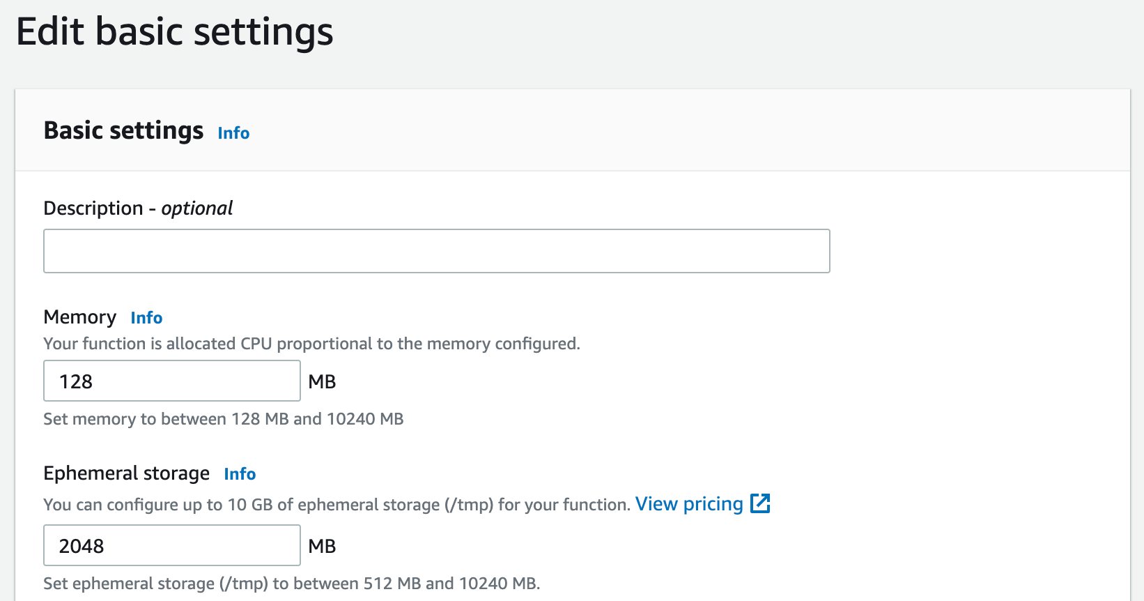 Setting the ephemeral storage capacity of a function in the AWS console