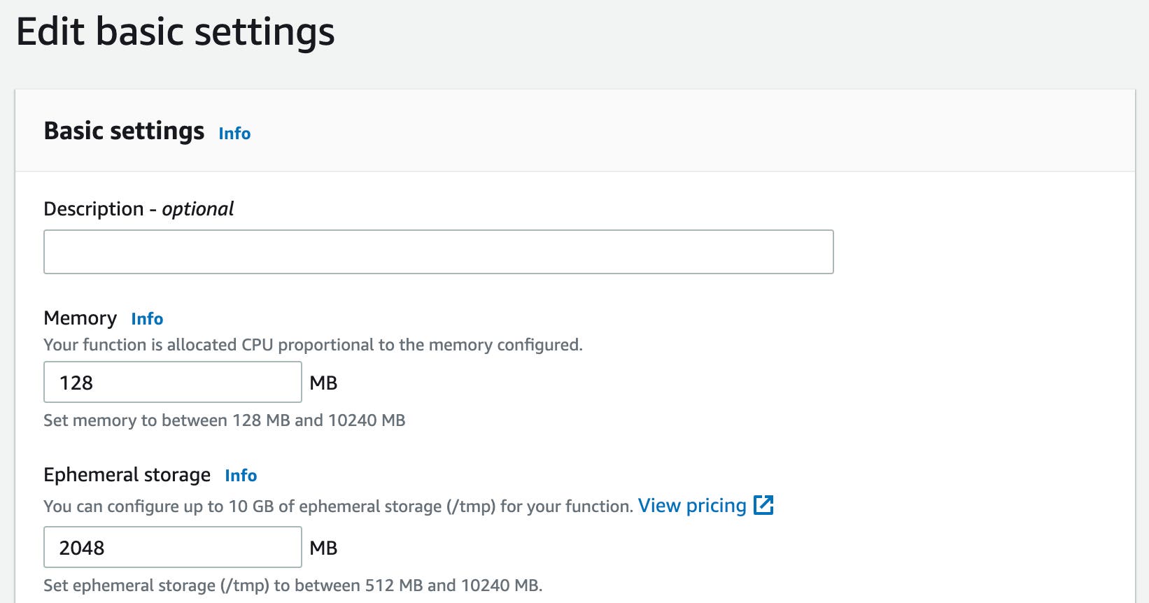 Setting the ephemeral storage capacity of a function in the AWS console Setting the ephemeral storage capacity of a function in the AWS console