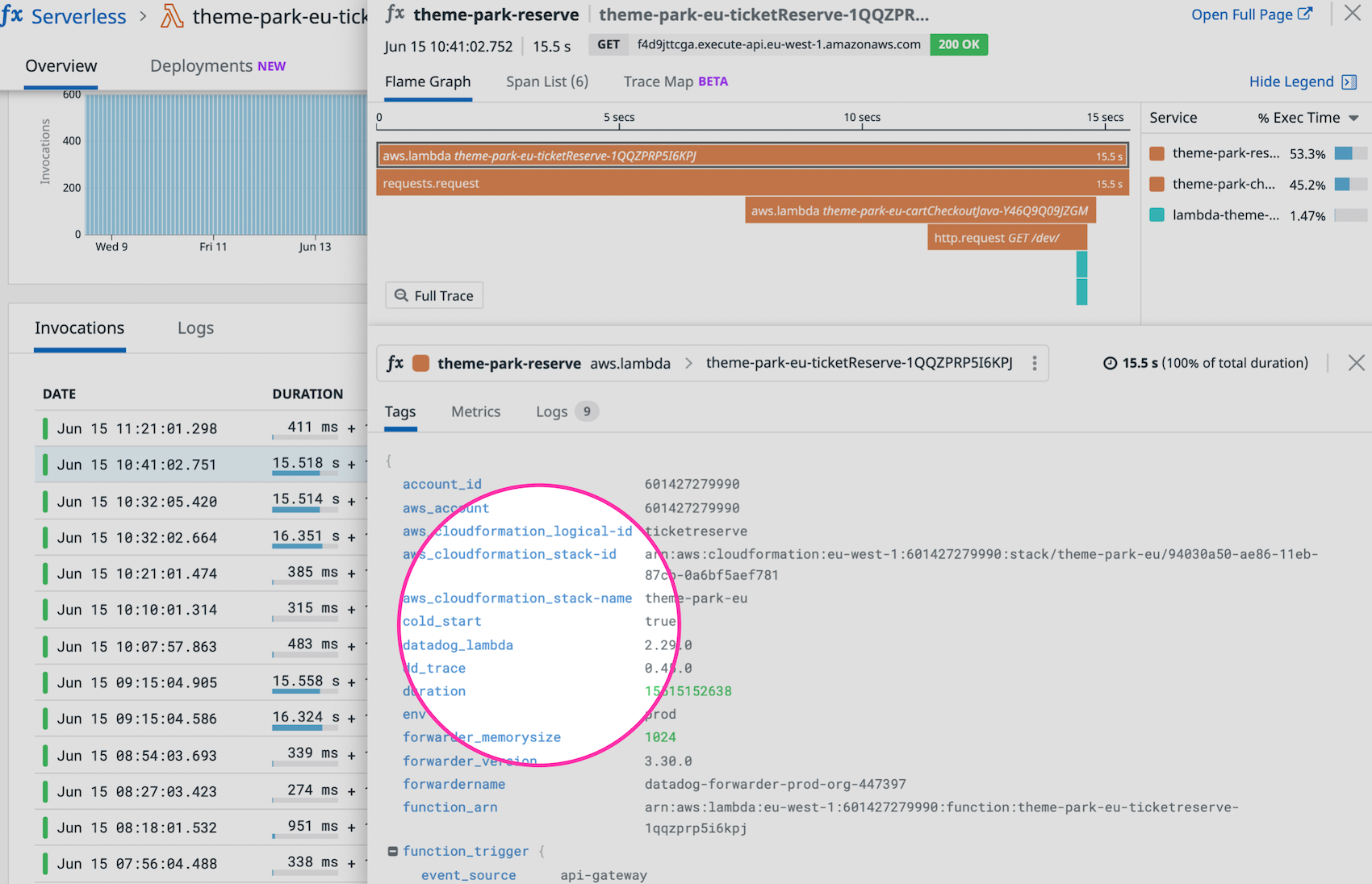 Datadog automatically detects and tags cold starts