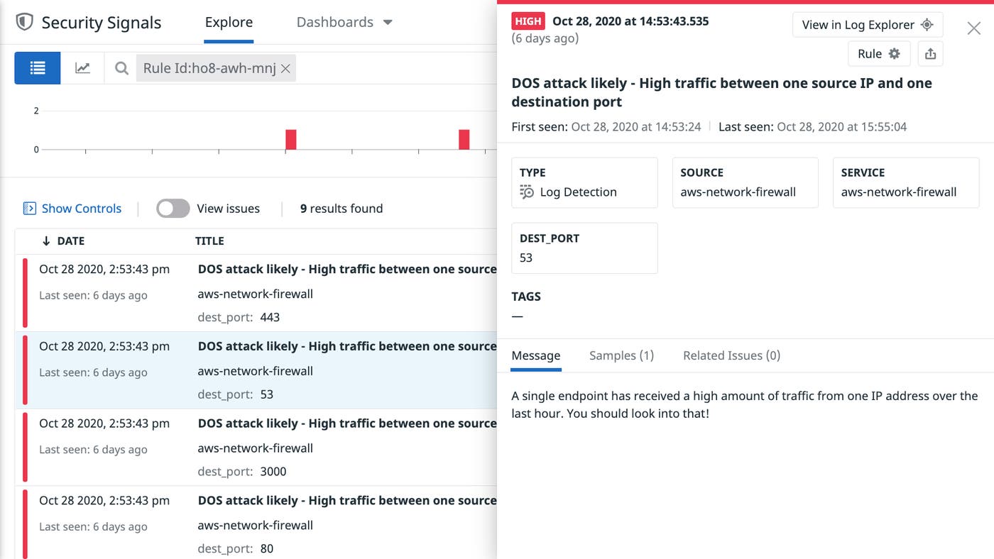 A Security Signals view showing a possible DDOS attack within an AWS VPC. A Security Signals view showing a possible DDOS attack within an AWS VPC.
