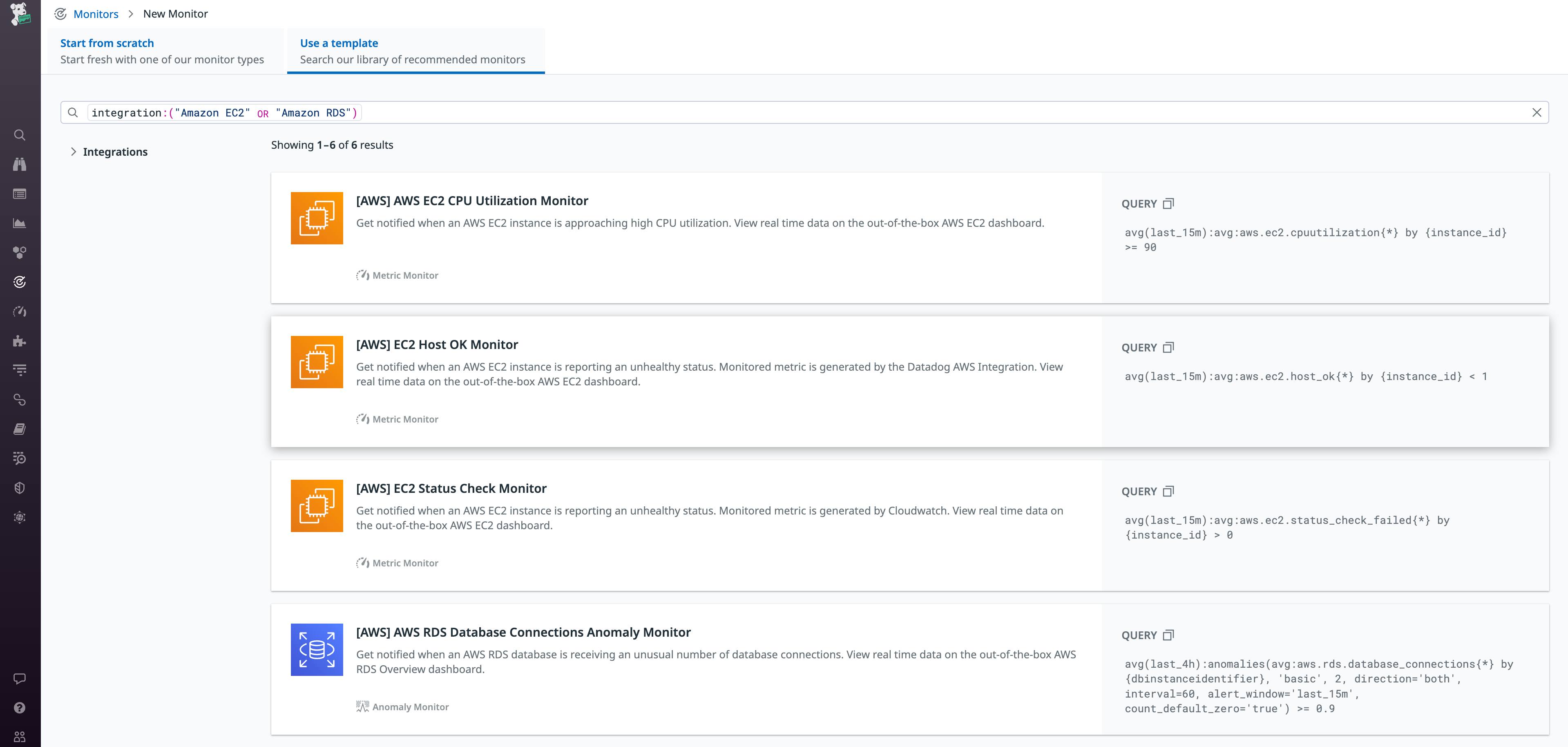 Search Datadog Library for AWS Recommended Monitors