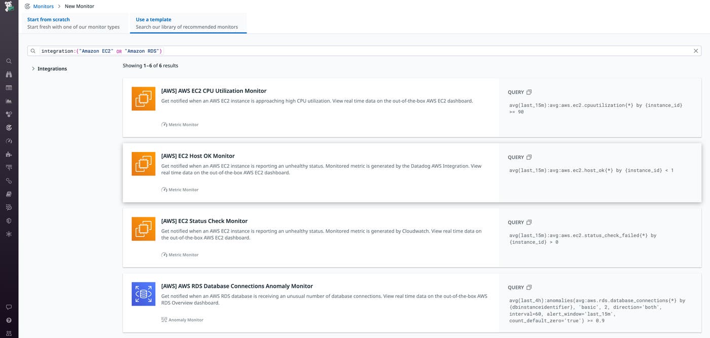 Search Datadog Library for AWS Recommended Monitors Search Datadog Library for AWS Recommended Monitors