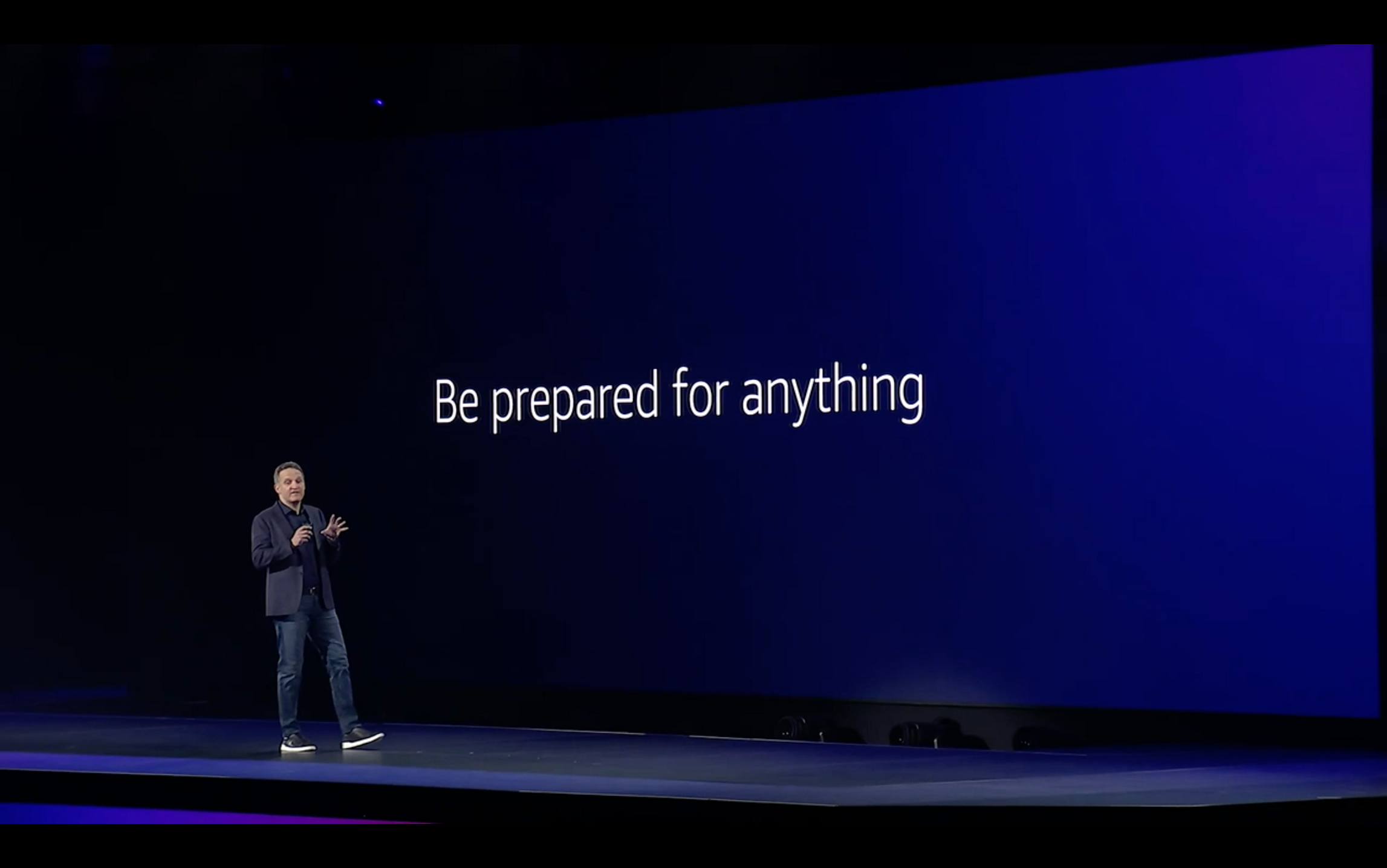 Adam Selipsky delivers the AWS re:Invent keynote with a slide saying, be prepared for anything