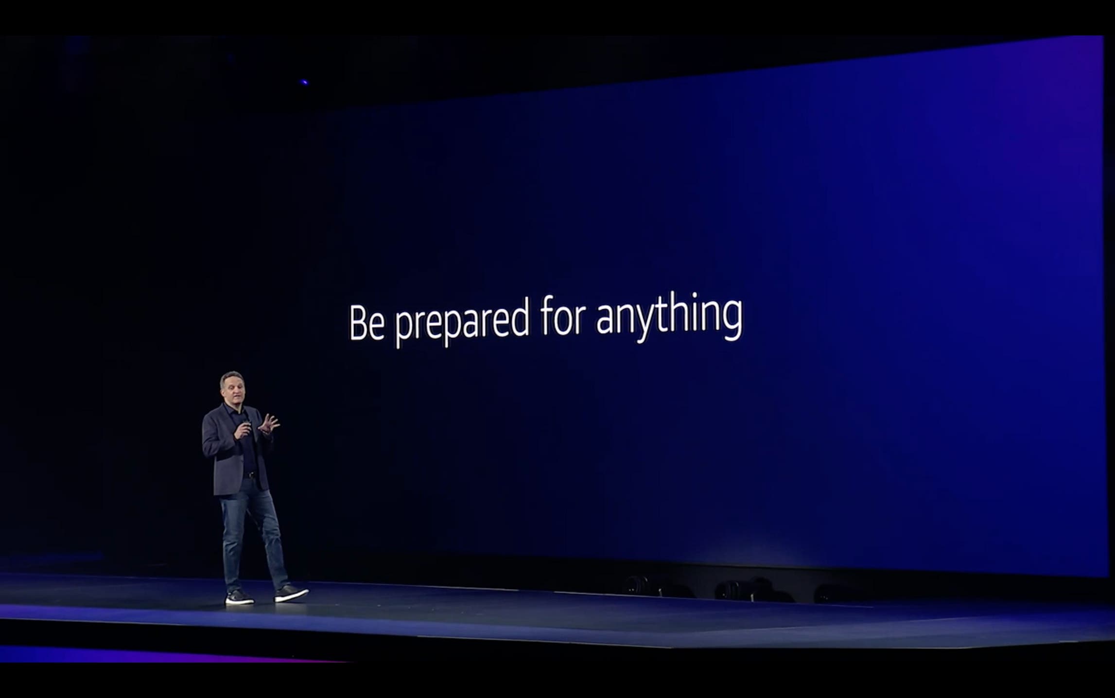 Adam Selipsky delivers the AWS re:Invent keynote with a slide saying, be prepared for anything Adam Selipsky delivers the AWS re:Invent keynote with a slide saying, be prepared for anything
