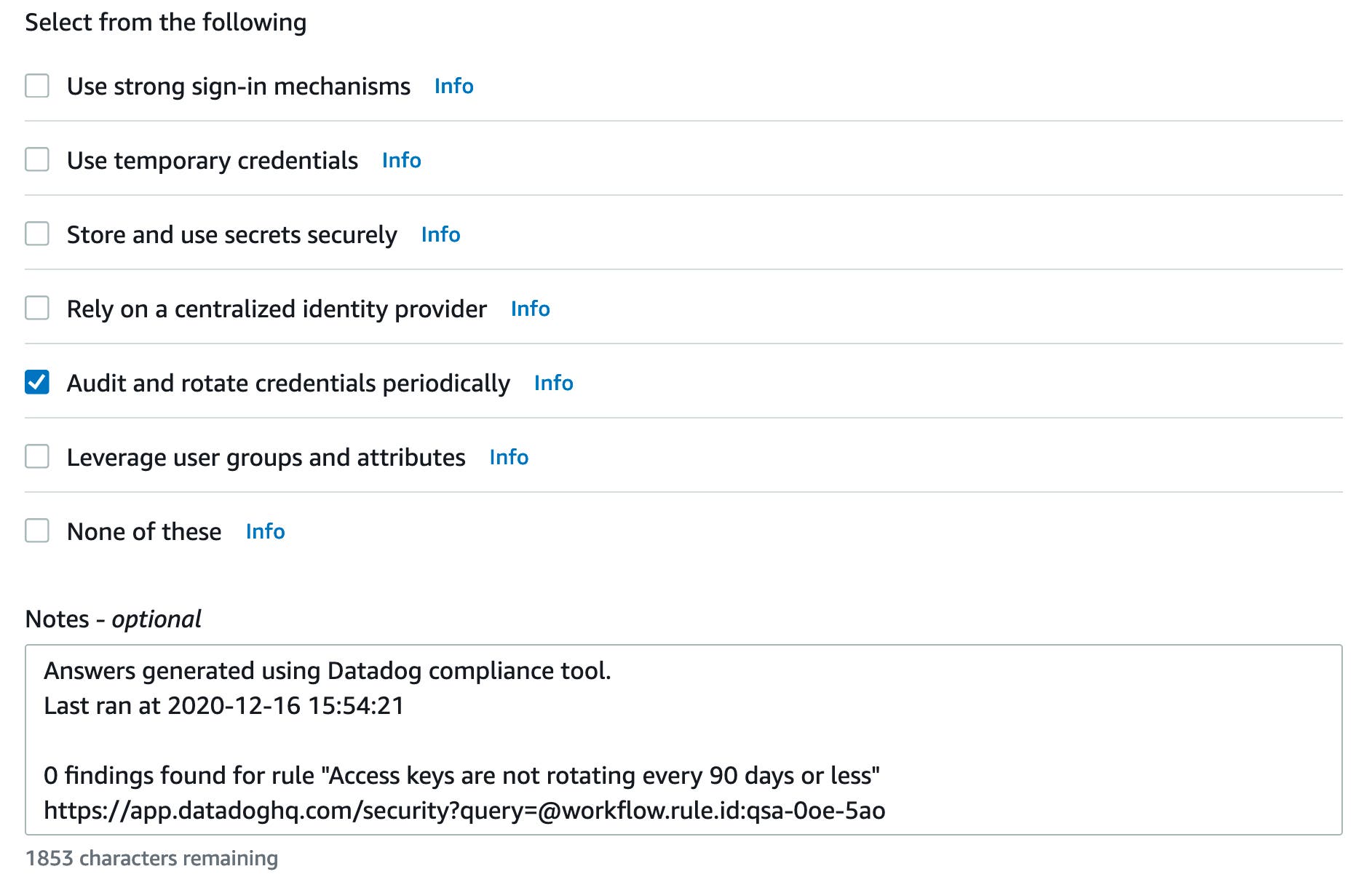 Datadog's integration returns the compliance findings within the Well-Architected security pillar UI. Datadog's integration returns the compliance findings within the Well-Architected security pillar UI.