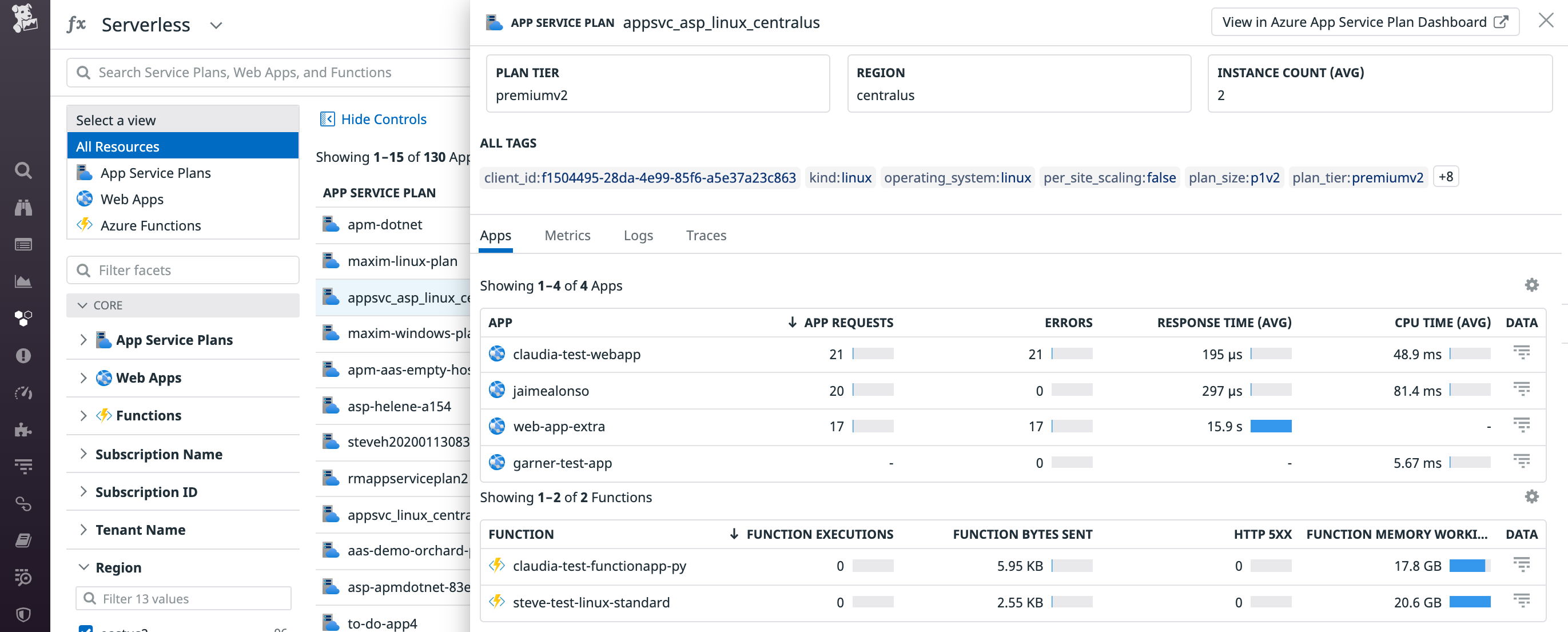 The Serverless view allows you to see which apps are running in an Azure App Service plan, and assess whether or not it makes sense to provision more apps in that plan.