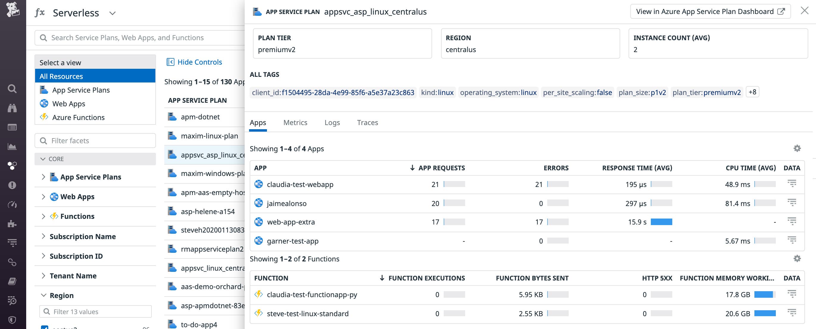 The Serverless view allows you to see which apps are running in an Azure App Service plan, and assess whether or not it makes sense to provision more apps in that plan. The Serverless view allows you to see which apps are running in an Azure App Service plan, and assess whether or not it makes sense to provision more apps in that plan.