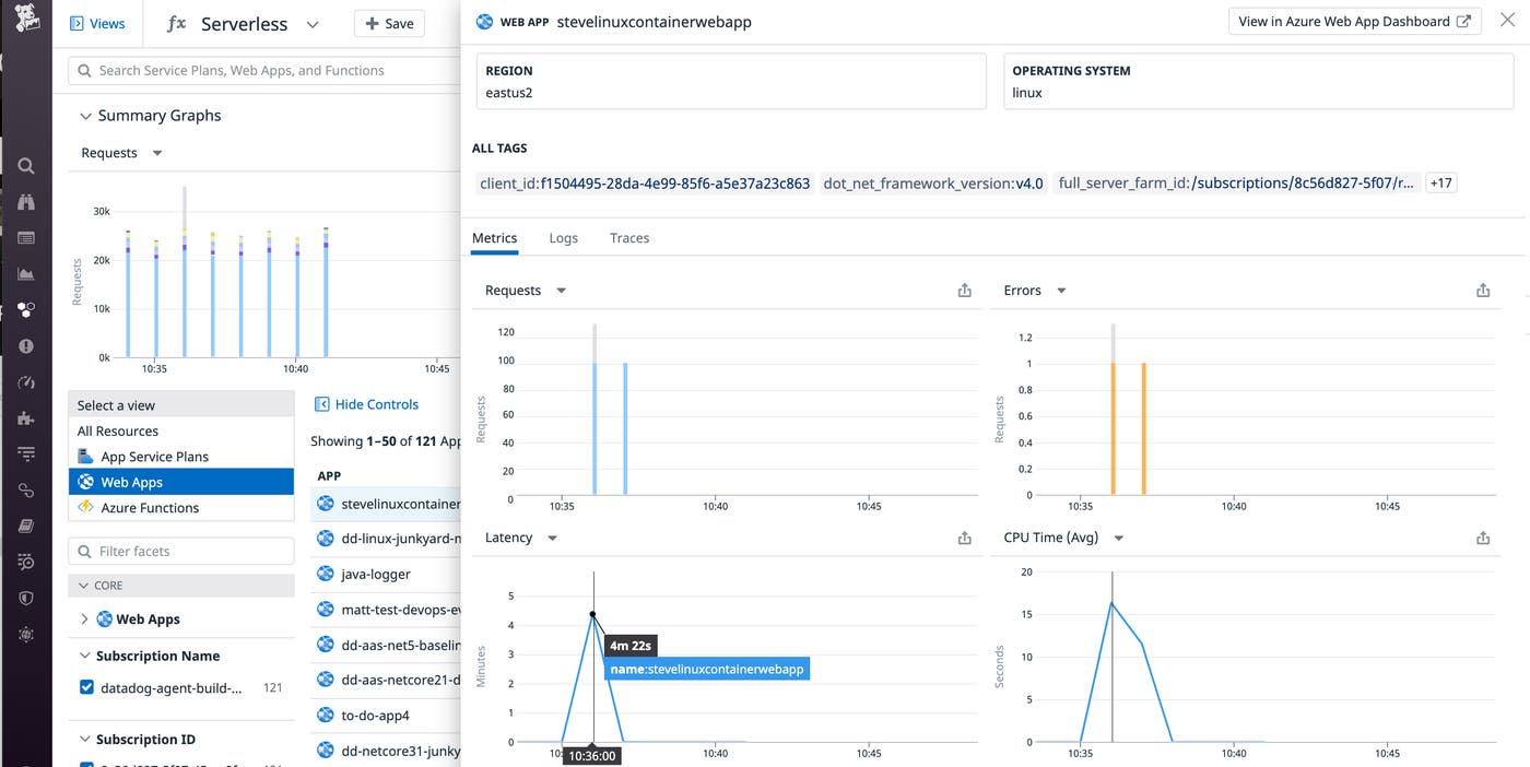 You can click to inspect app-level metrics from an Azure App Service web app in the Datadog Serverless view. You can click to inspect app-level metrics from an Azure App Service web app in the Datadog Serverless view.