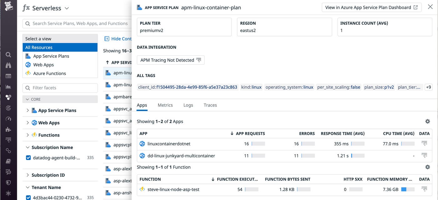 From Datadog's Serverless view, you can click on an Azure App Service plan to see all the apps being hosted on it. From Datadog's Serverless view, you can click on an Azure App Service plan to see all the apps being hosted on it.