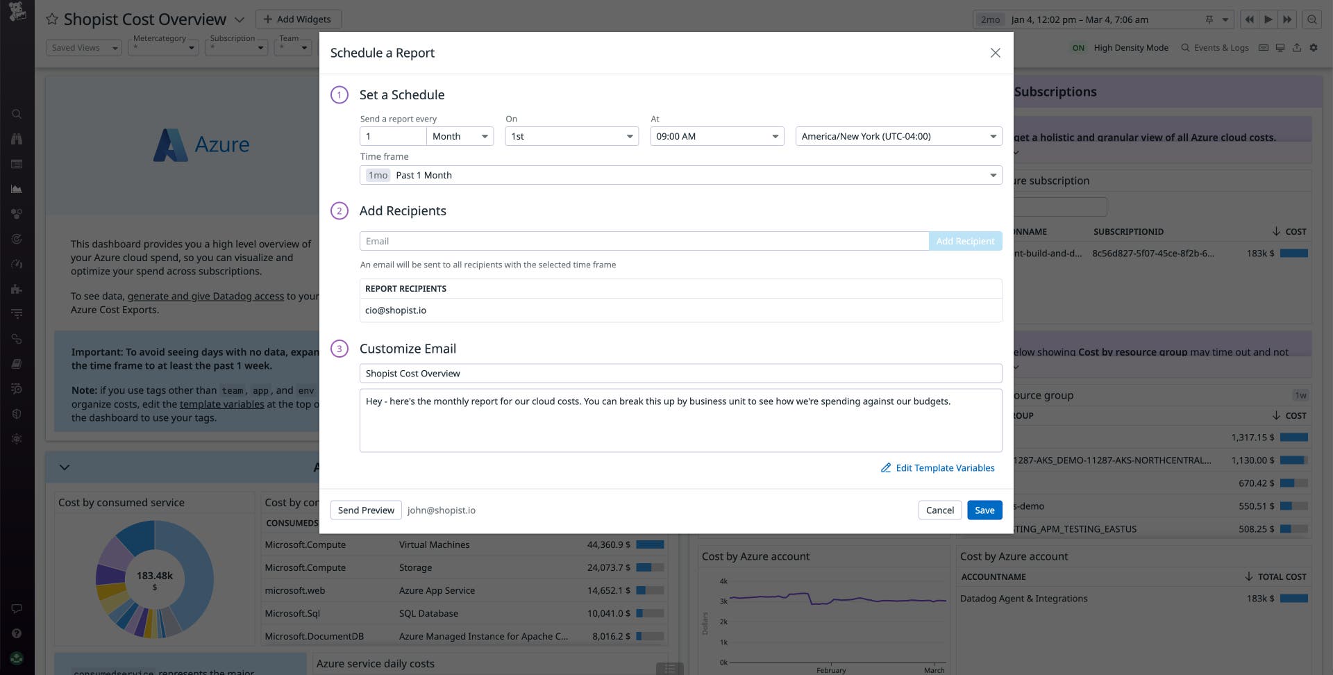 A screenshot shows the form used to schedule a report. The form includes controls to specify when and how often the report should be sent, who should receive it, and the text of the email. A screenshot shows the form used to schedule a report. The form includes controls to specify when and how often the report should be sent, who should receive it, and the text of the email.