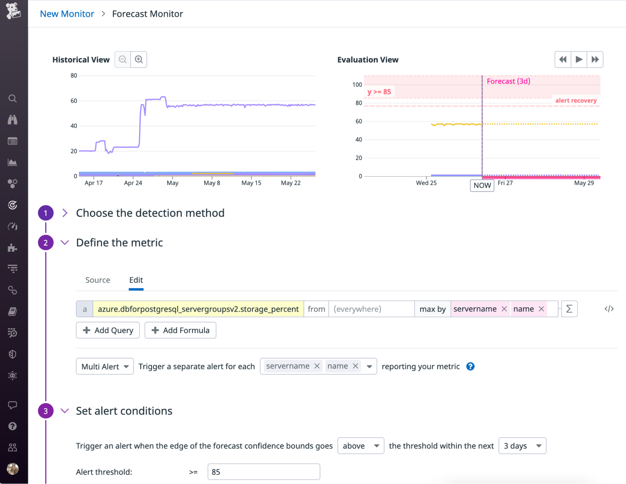 You can create a forecast monitor to get notified when an Azure Cosmos DB for PostgreSQL node is predicted to use 85 percent of its storage.