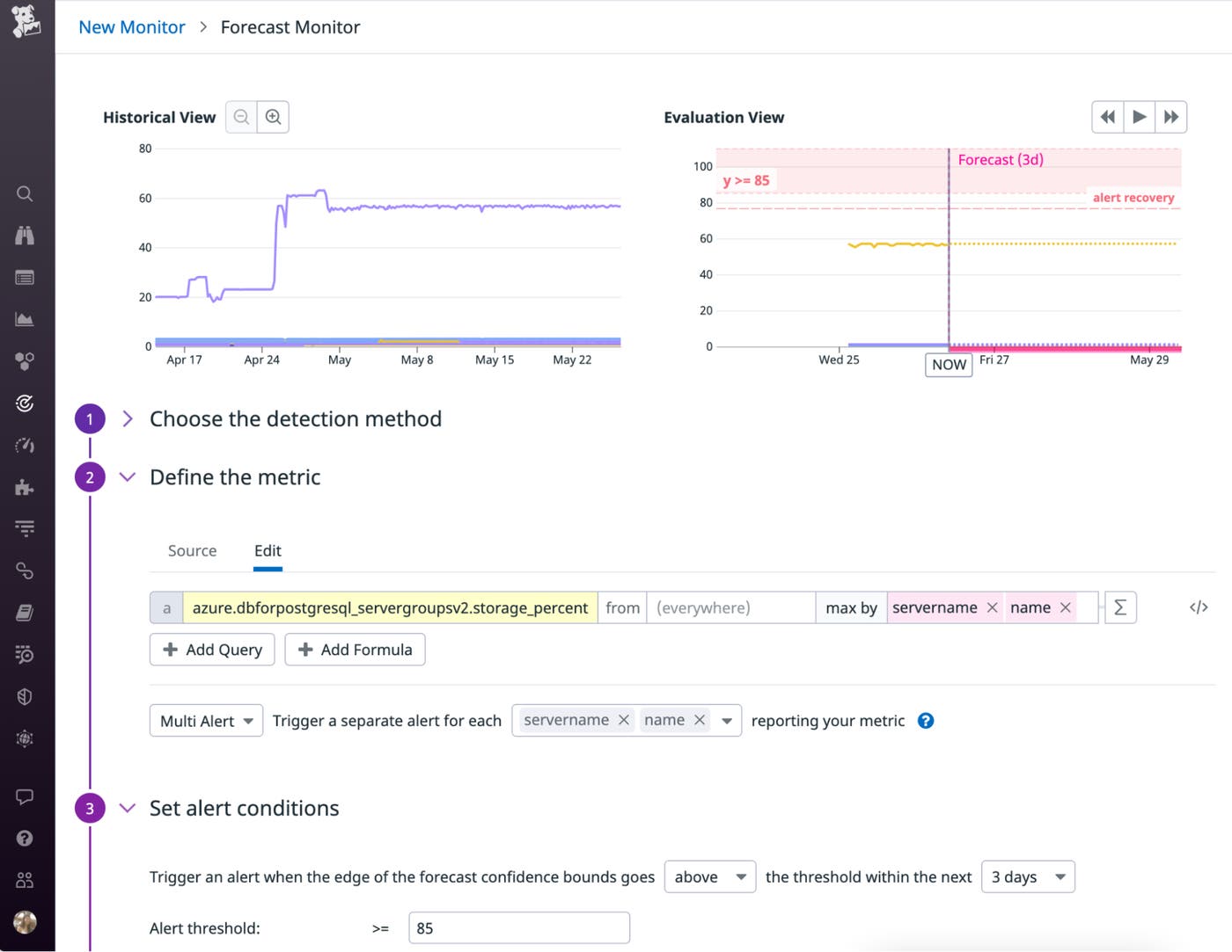 You can create a forecast monitor to get notified when an Azure Cosmos DB for PostgreSQL node is predicted to use 85 percent of its storage. You can create a forecast monitor to get notified when an Azure Cosmos DB for PostgreSQL node is predicted to use 85 percent of its storage.
