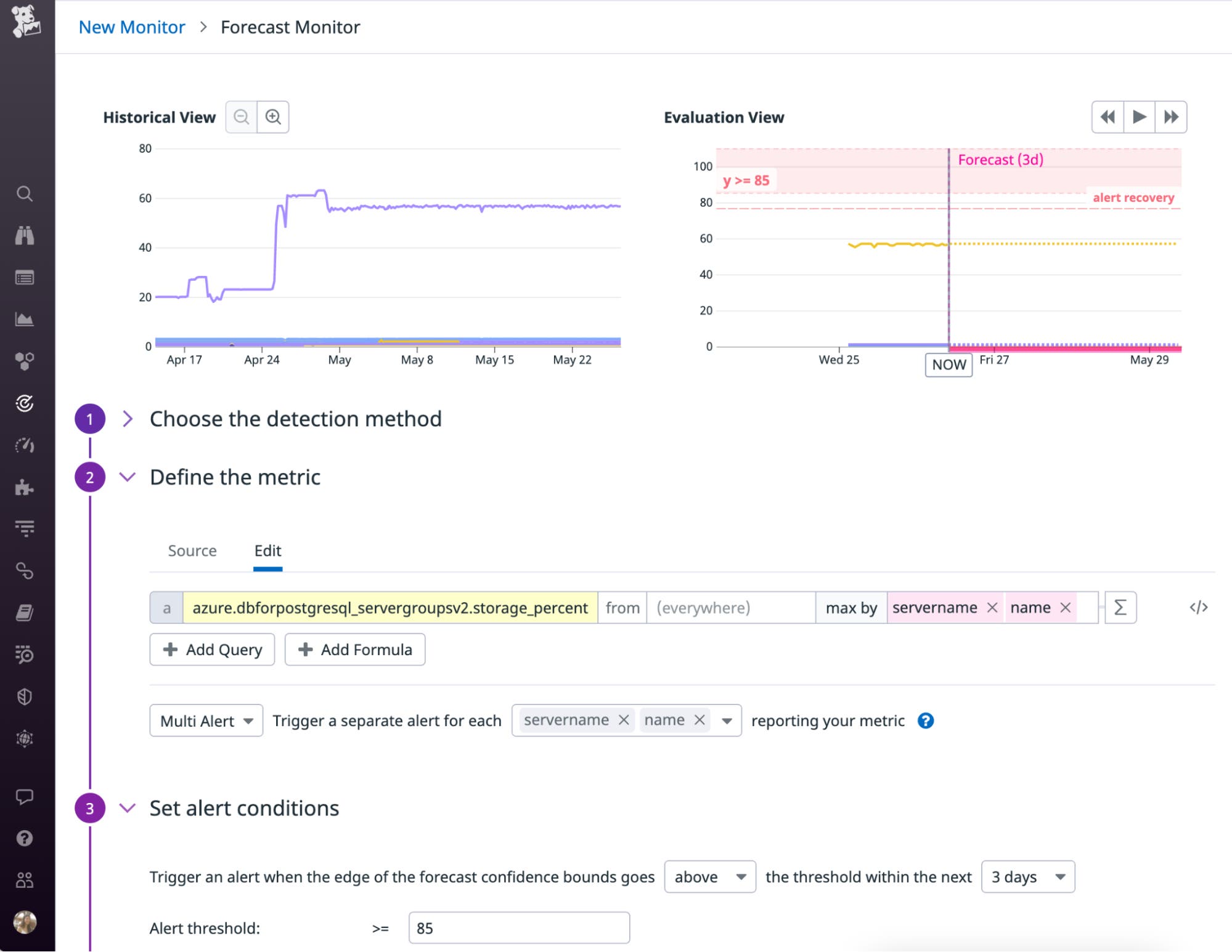 You can create a forecast monitor to get notified when an Azure Cosmos DB for PostgreSQL node is predicted to use 85 percent of its storage. You can create a forecast monitor to get notified when an Azure Cosmos DB for PostgreSQL node is predicted to use 85 percent of its storage.