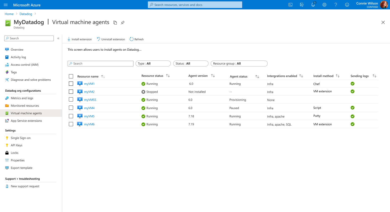 Get a quick overview of the Datadog Agents running on your Azure VMs, and install/uninstall on desired hosts through the Azure portal UI.