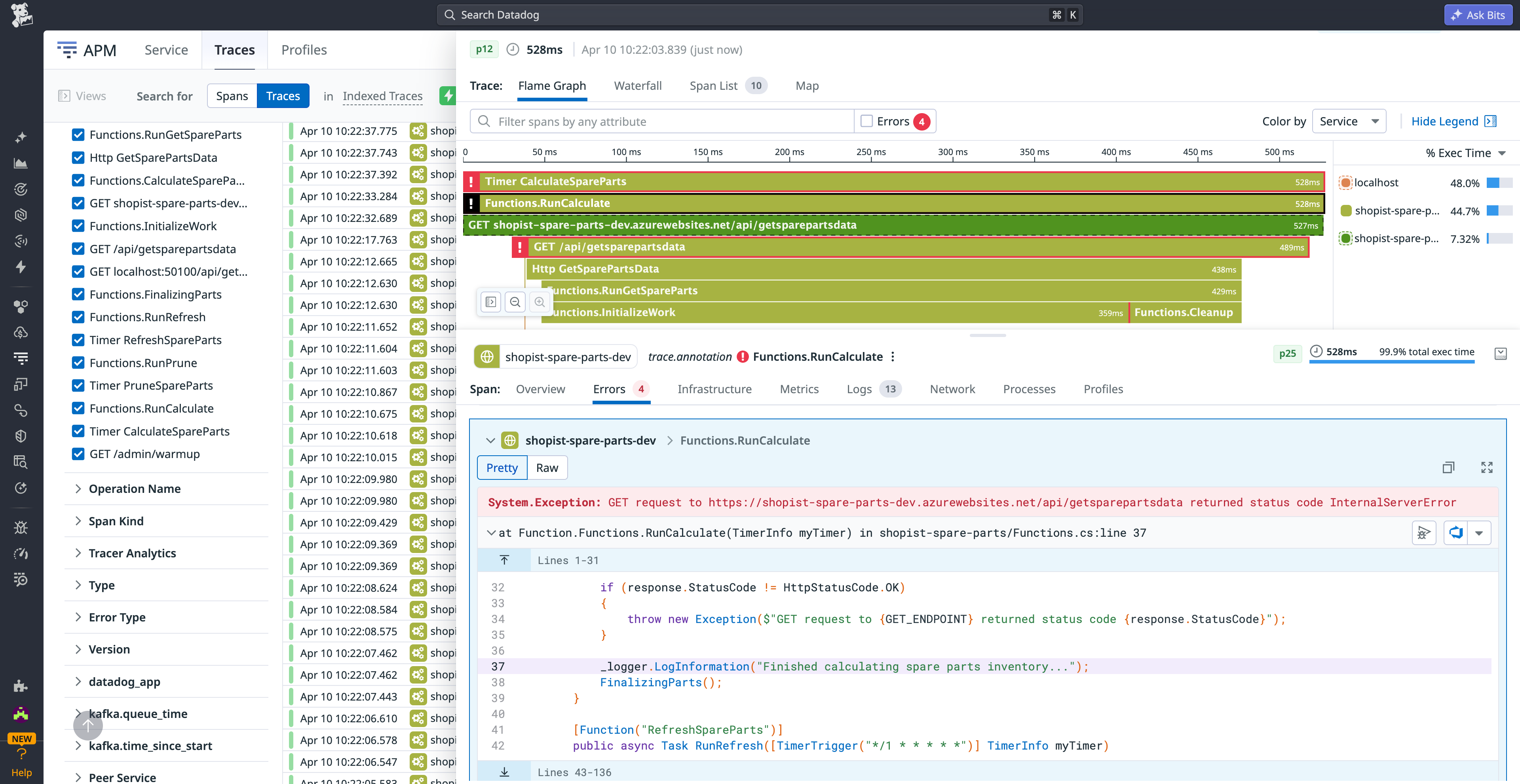 Inspect stack traces and view matching Azure DevOps code snippets directly within APM.