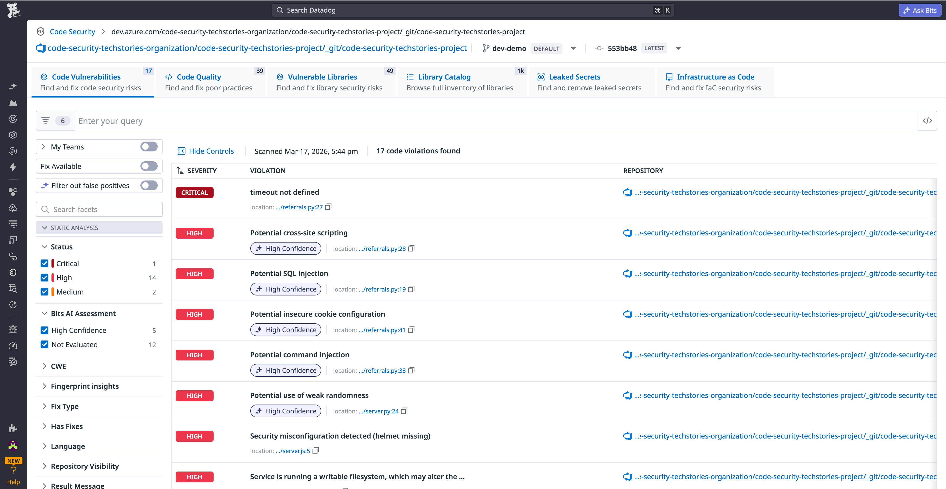 View repository-level code security findings and link directly to affected files in Azure DevOps.