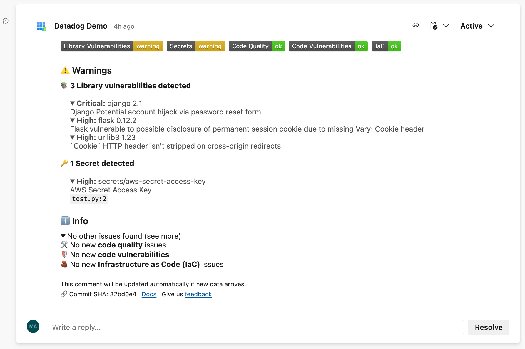 Automated pull request comments highlight risks such as vulnerabilities, test failures, and coverage regressions.