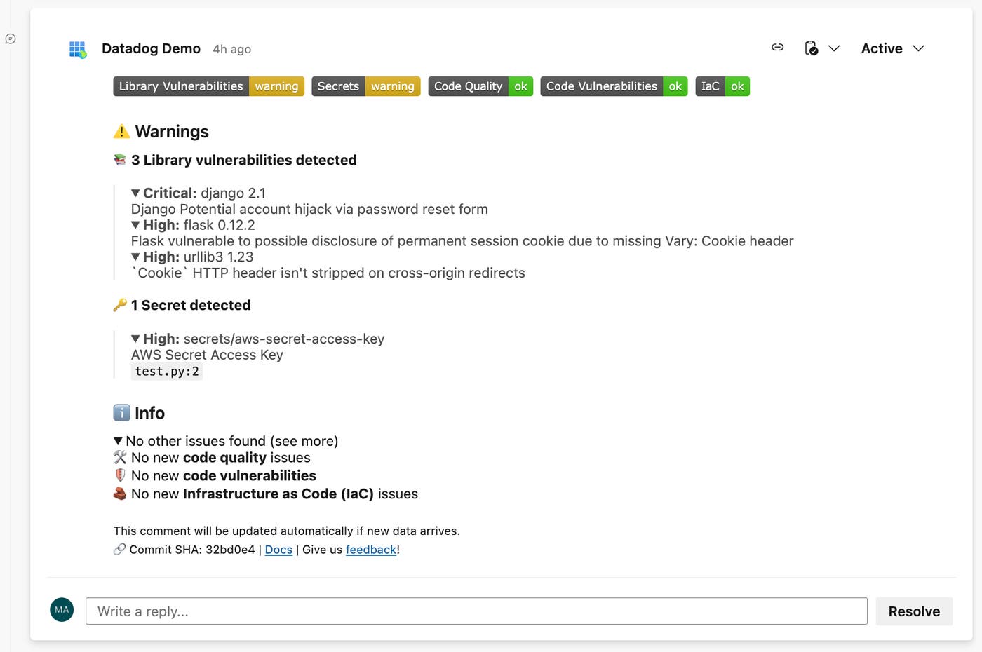 Automated pull request comments highlight risks such as vulnerabilities, test failures, and coverage regressions. Automated pull request comments highlight risks such as vulnerabilities, test failures, and coverage regressions.