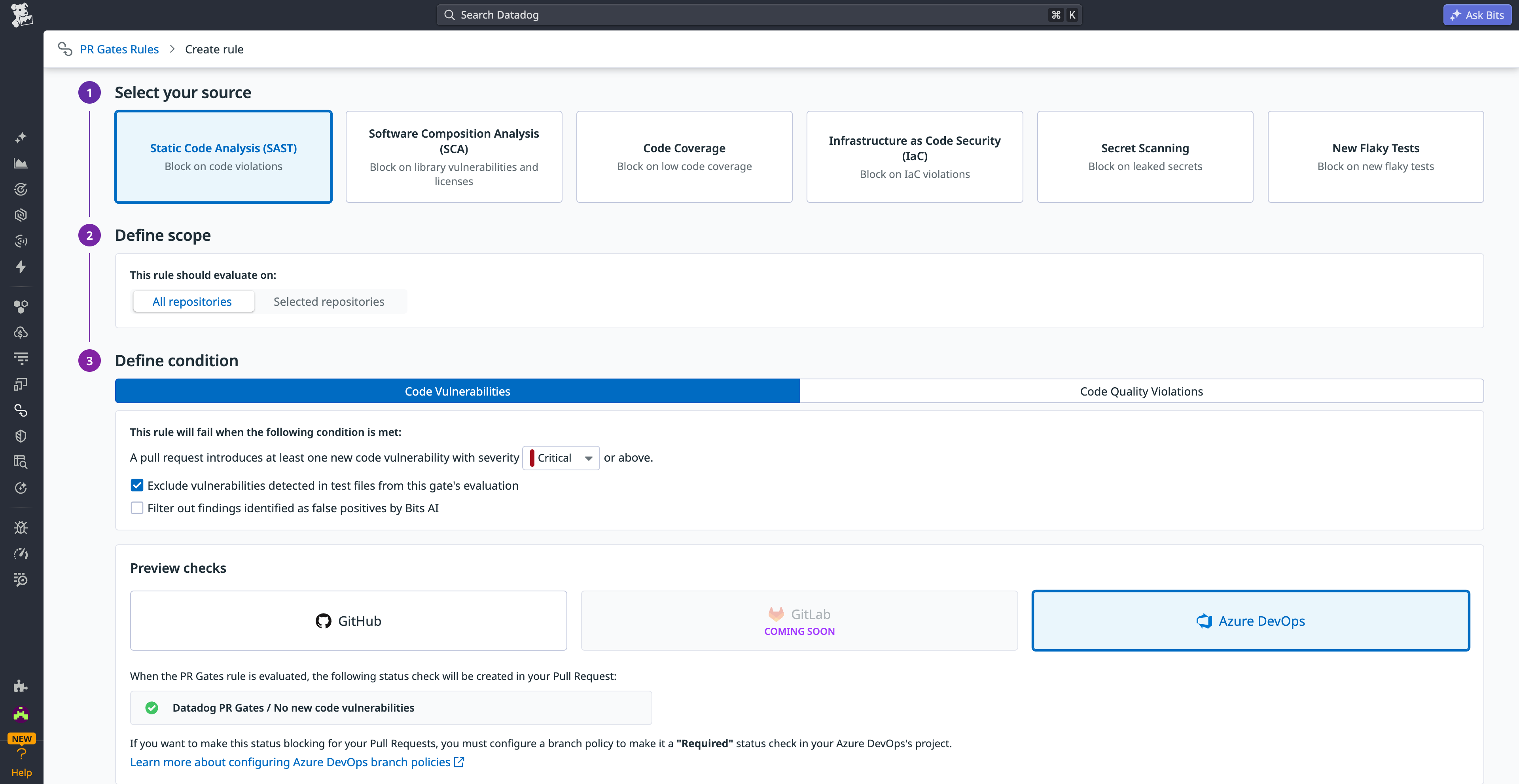 PR Gates enforce quality and security rules by blocking pull requests that fail required checks.