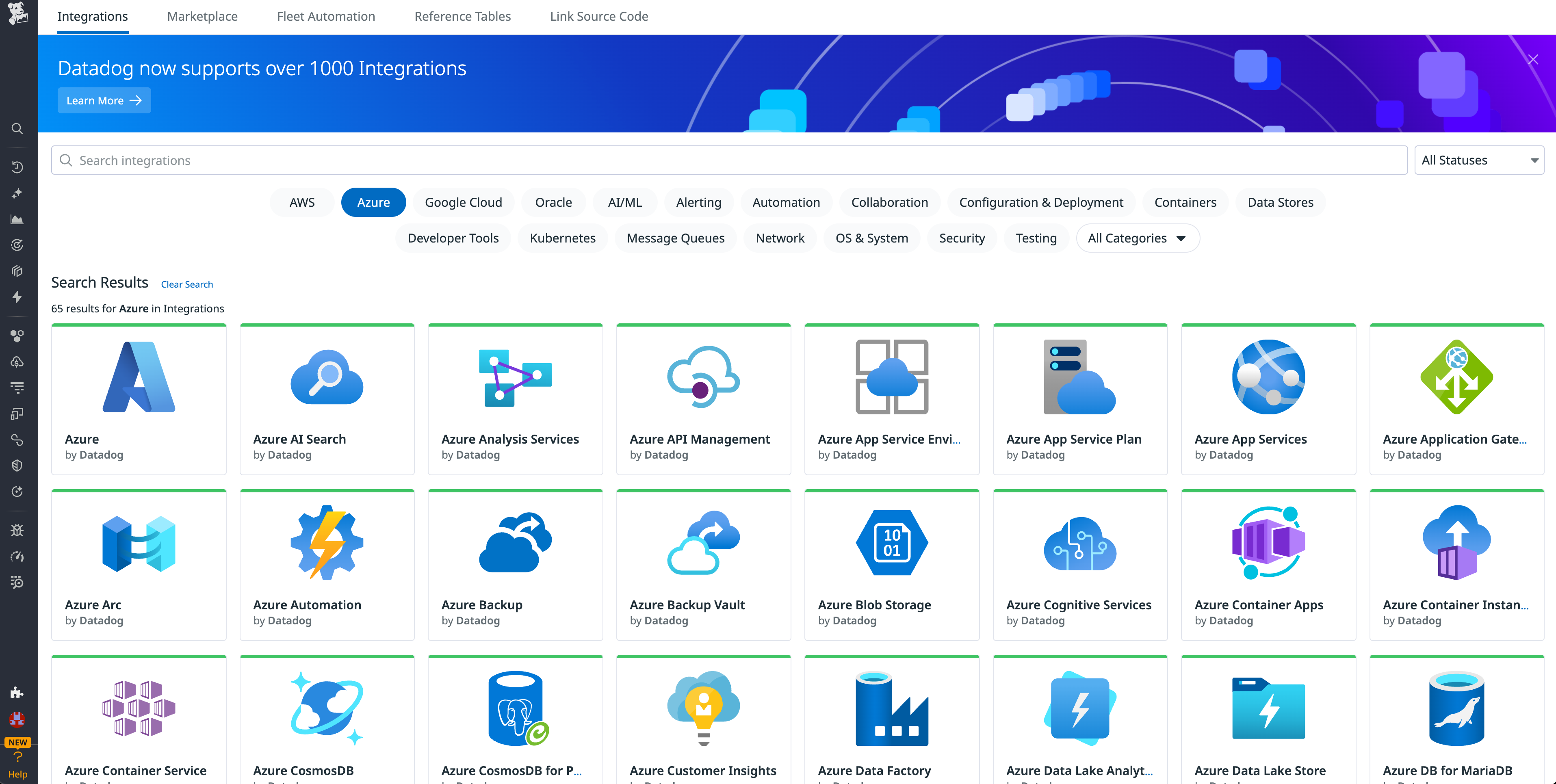 Screenshot of the Azure integration tile in Datadog.