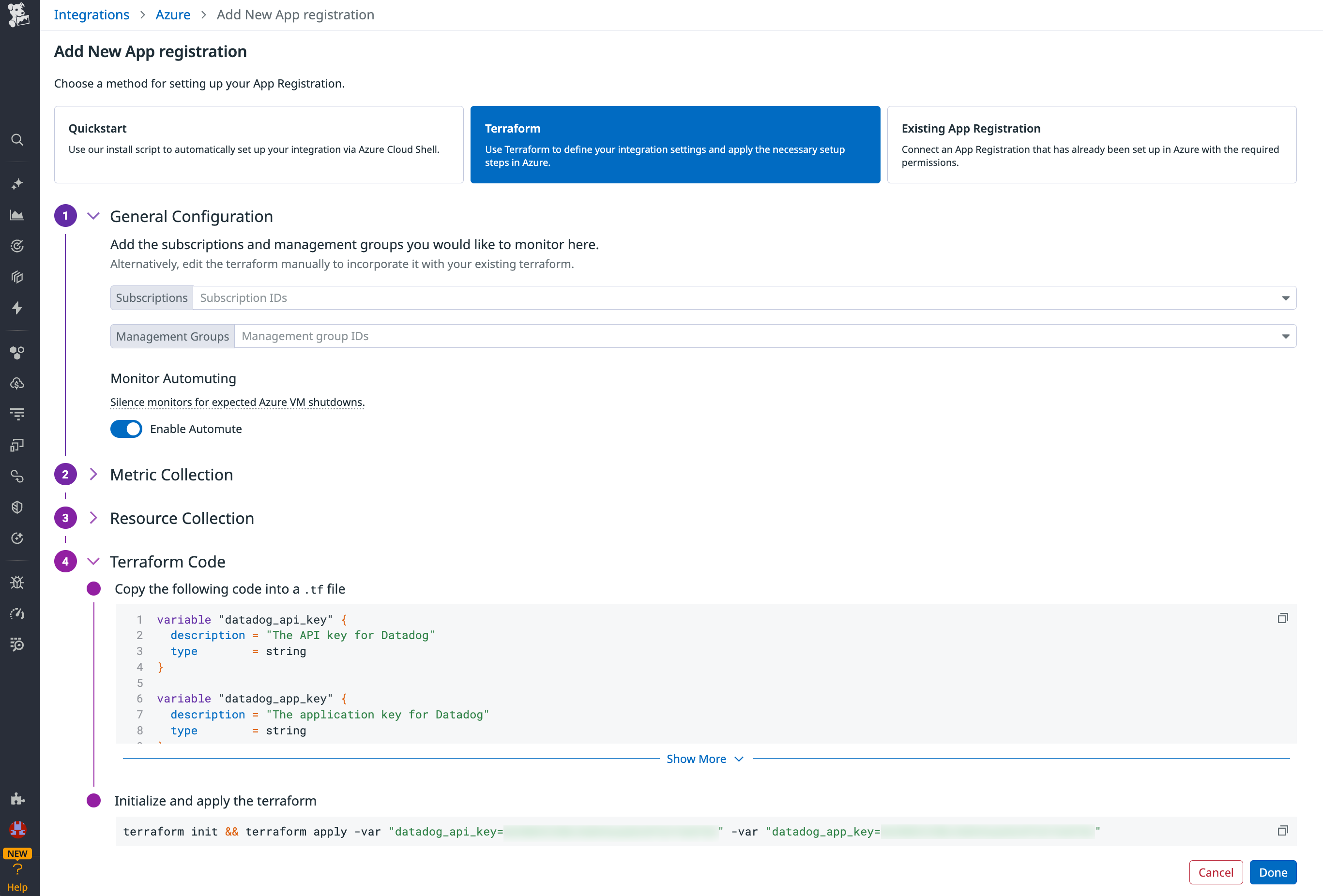 Screenshot of the Azure setup methods available in the Datadog integration onboarding flow. The Terraform method is selected.