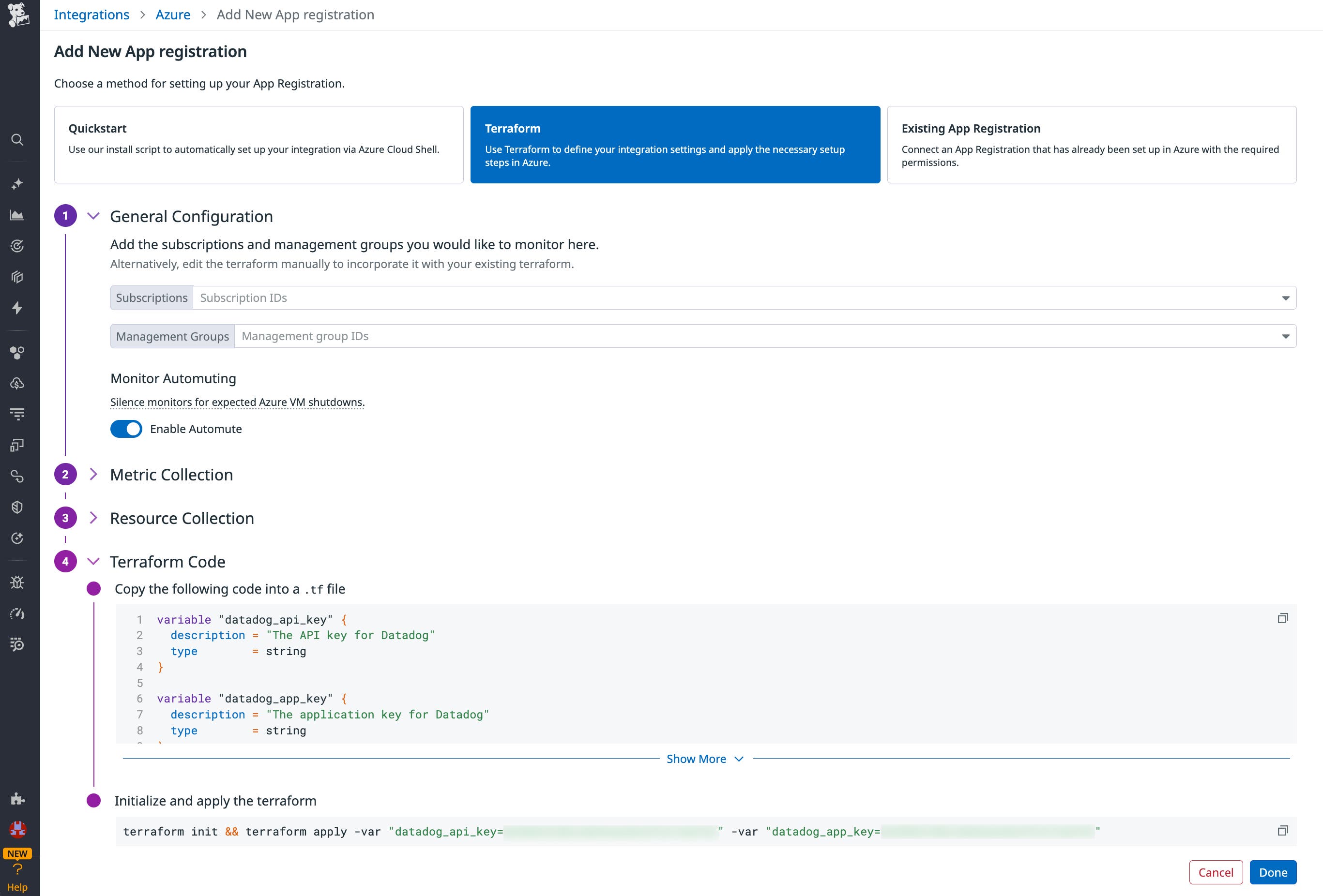 Screenshot of the Azure setup methods available in the Datadog integration onboarding flow. The Terraform method is selected. Screenshot of the Azure setup methods available in the Datadog integration onboarding flow. The Terraform method is selected.