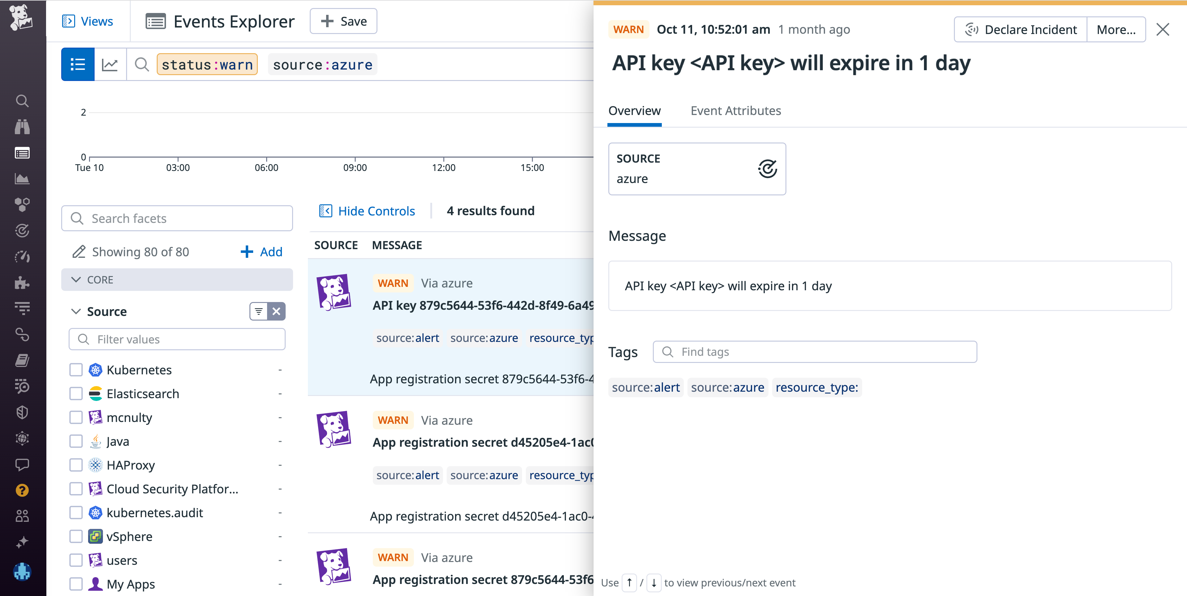 View expiration events in the Datadog Events Explorer