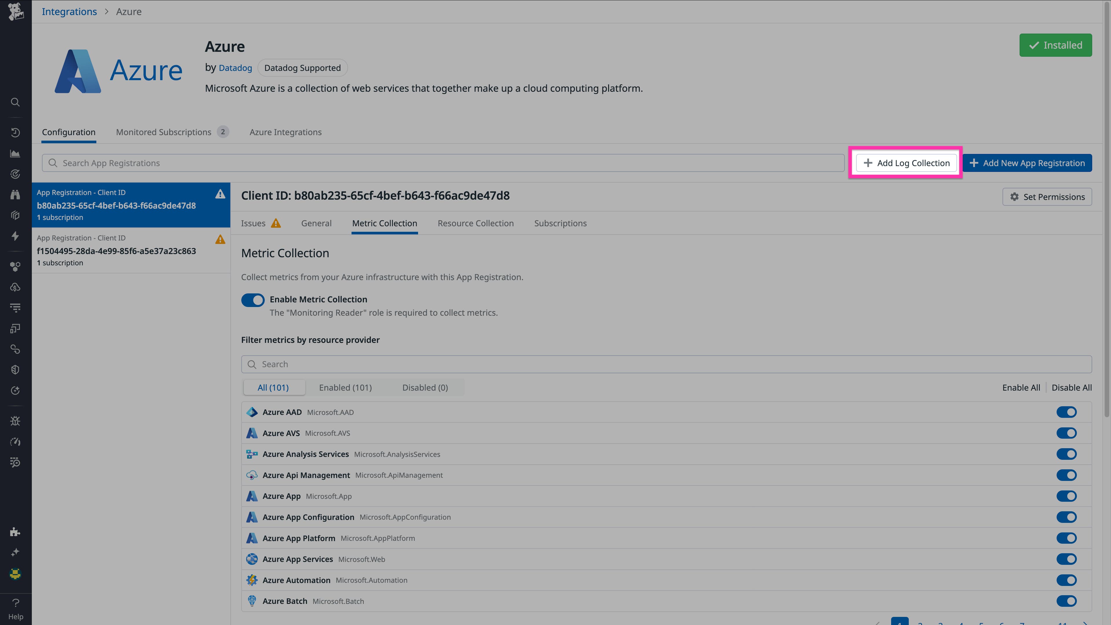 You set up automated log forwarding via Datadog’s Azure integration. You set up automated log forwarding via Datadog’s Azure integration.