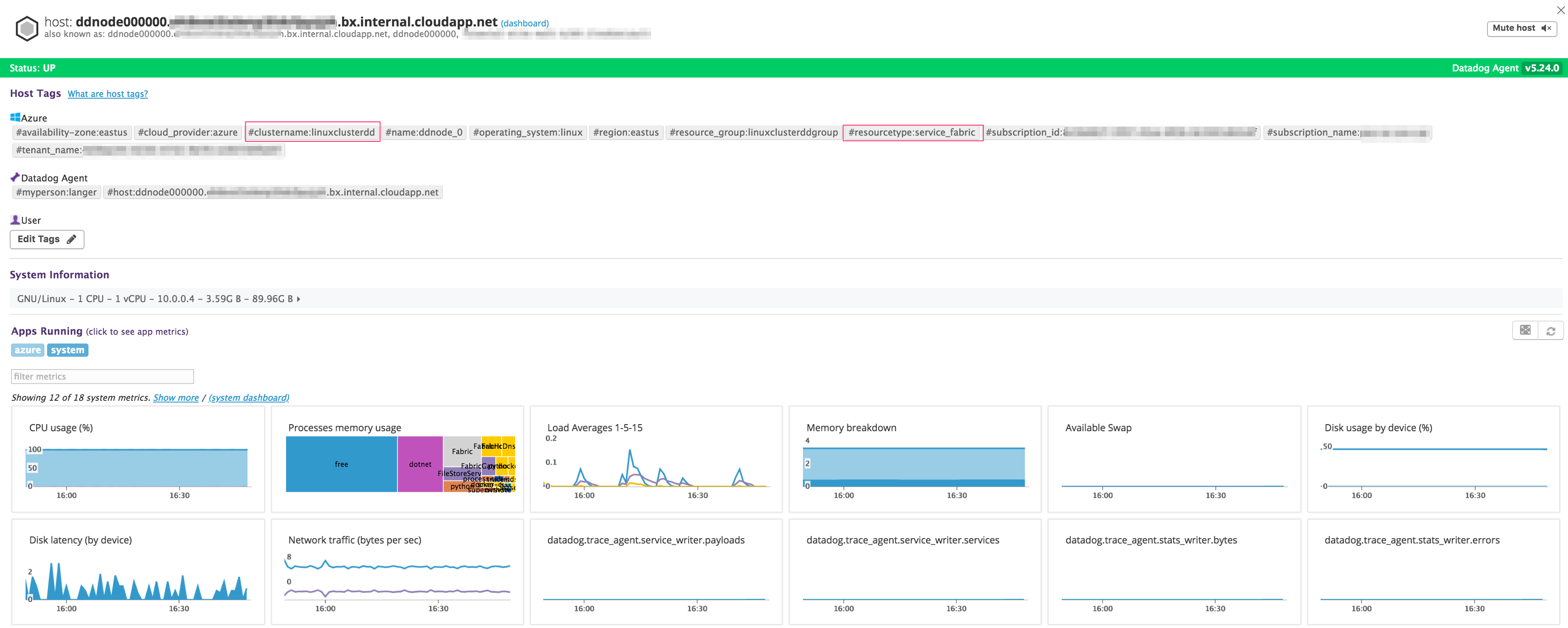 Azure monitoring - visualizing an Azure Service Fabric cluster with Datadog graphs