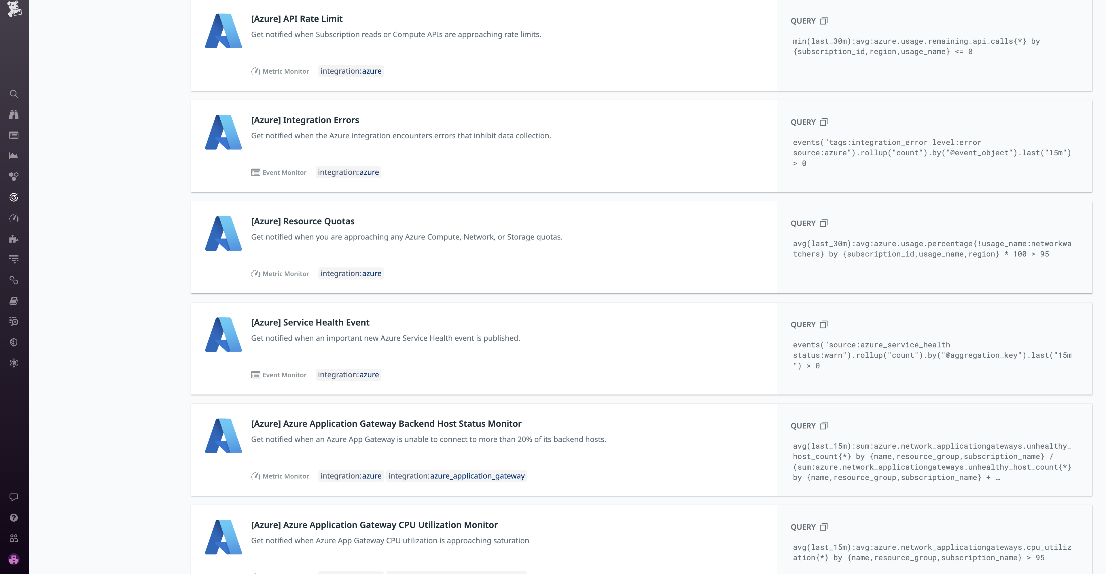 Search Datadog Library for Azure Recommended Monitors
