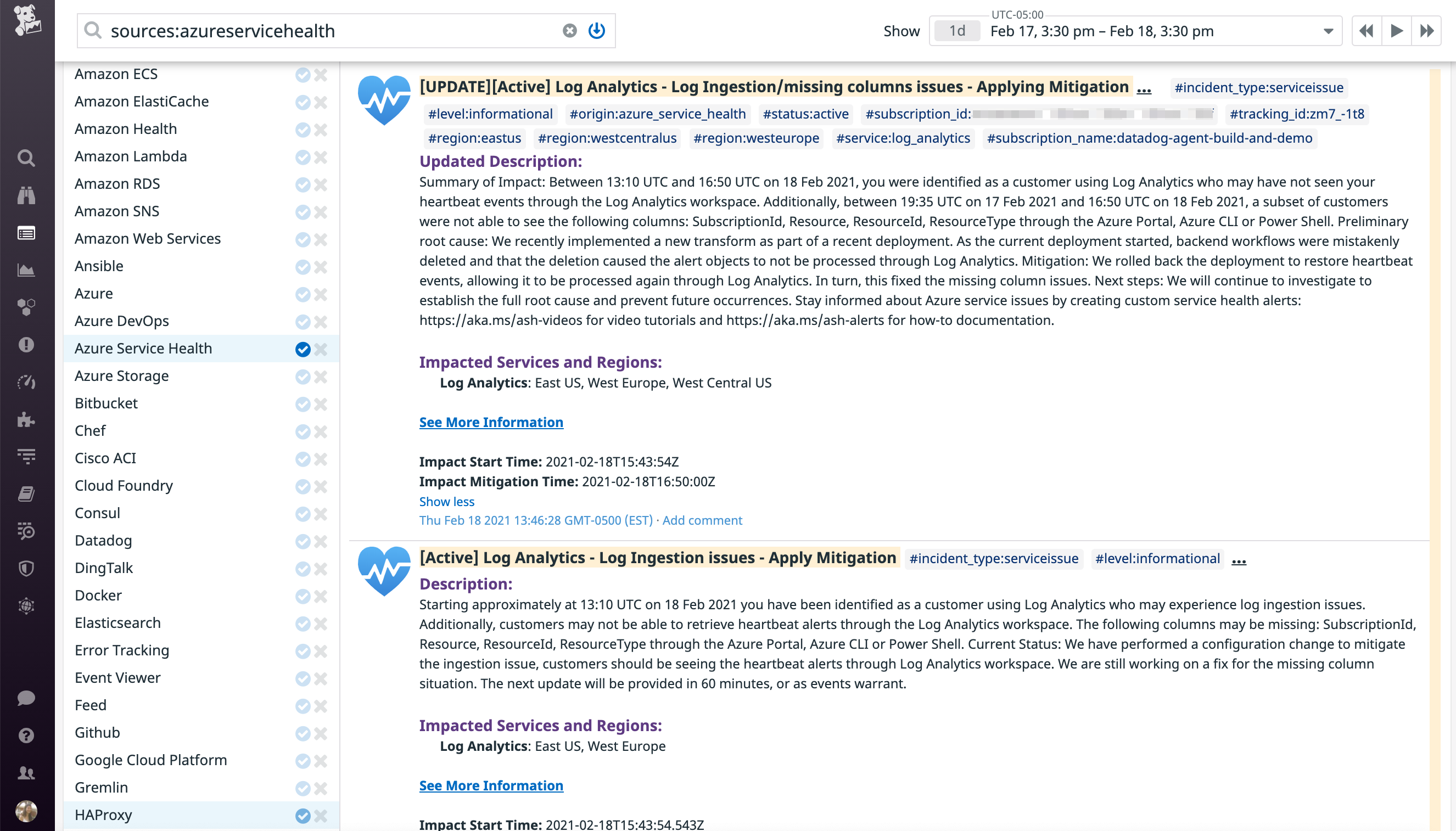 Monitor Azure Service Health events in the Datadog event stream.