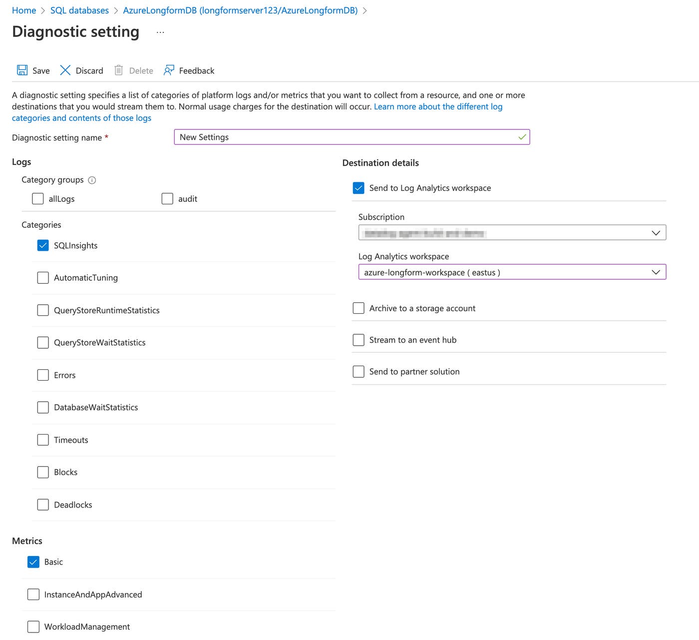 Diagnostic settings for an Azure SQL Database Diagnostic settings for an Azure SQL Database