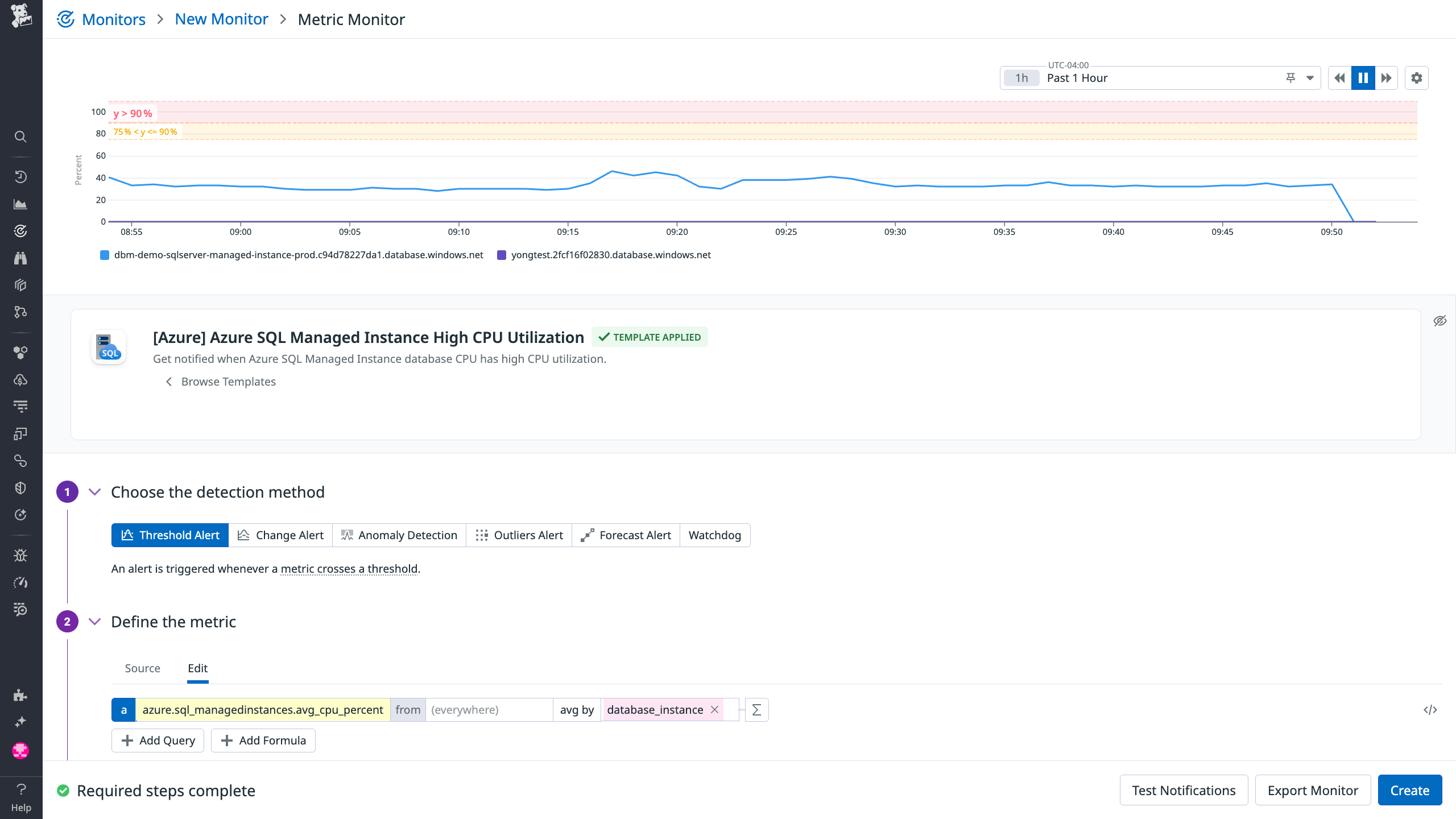 The out-of-the-box monitor tracks high CPU utilization in SQL Managed Instances.