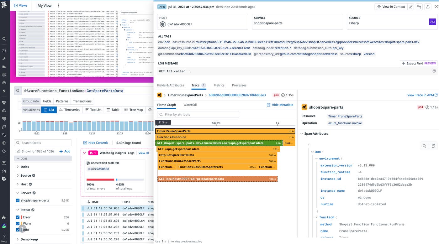 Screenshot of Azure logs Screenshot of Azure logs