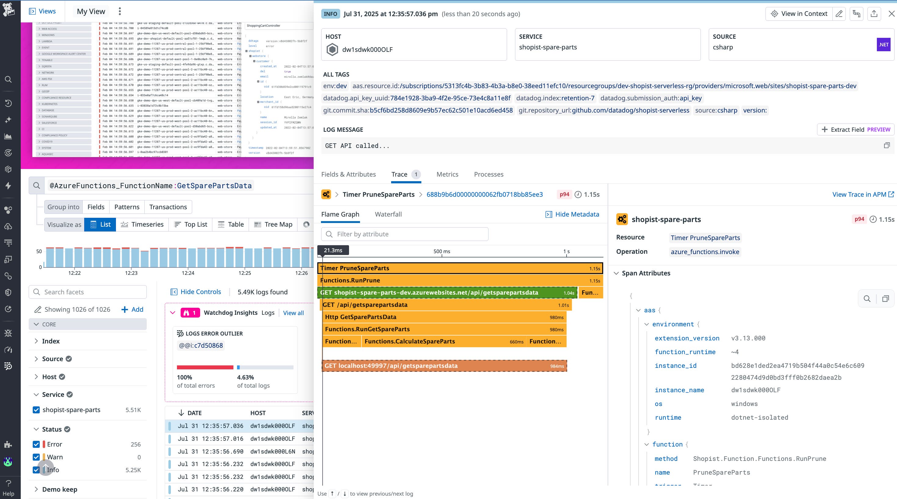 Screenshot of Azure logs Screenshot of Azure logs