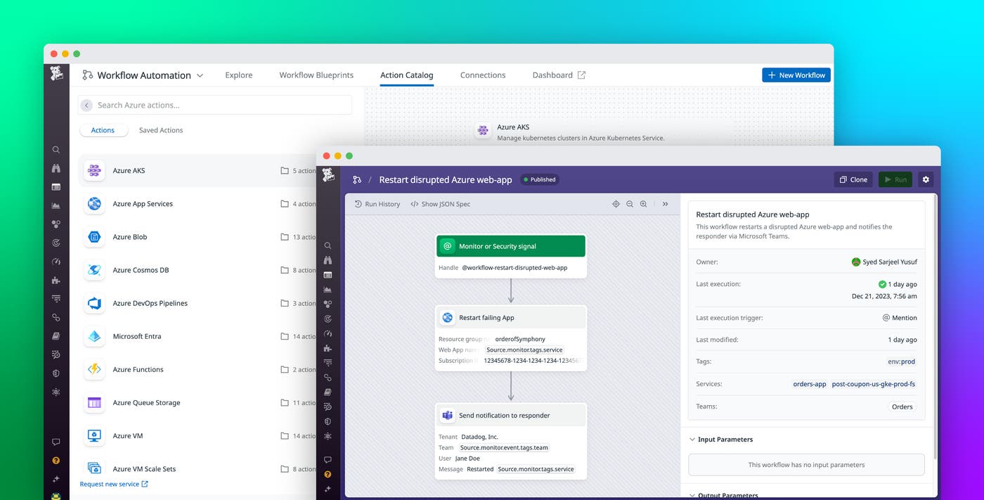 Quickly remediate issues in your Azure applications with Datadog Workflow Automation Quickly remediate issues in your Azure applications with Datadog Workflow Automation