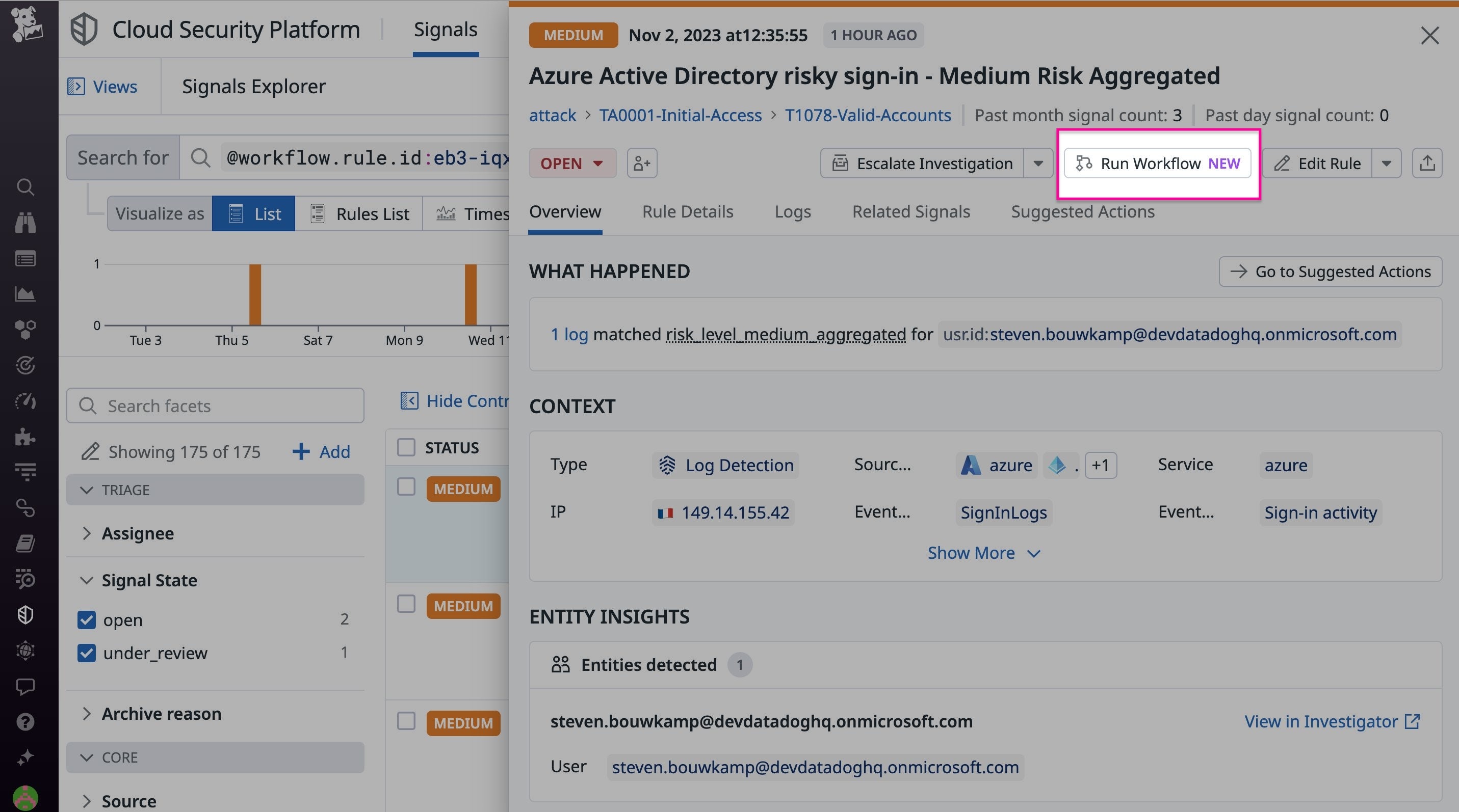 The Run Workflow button in a security signal.