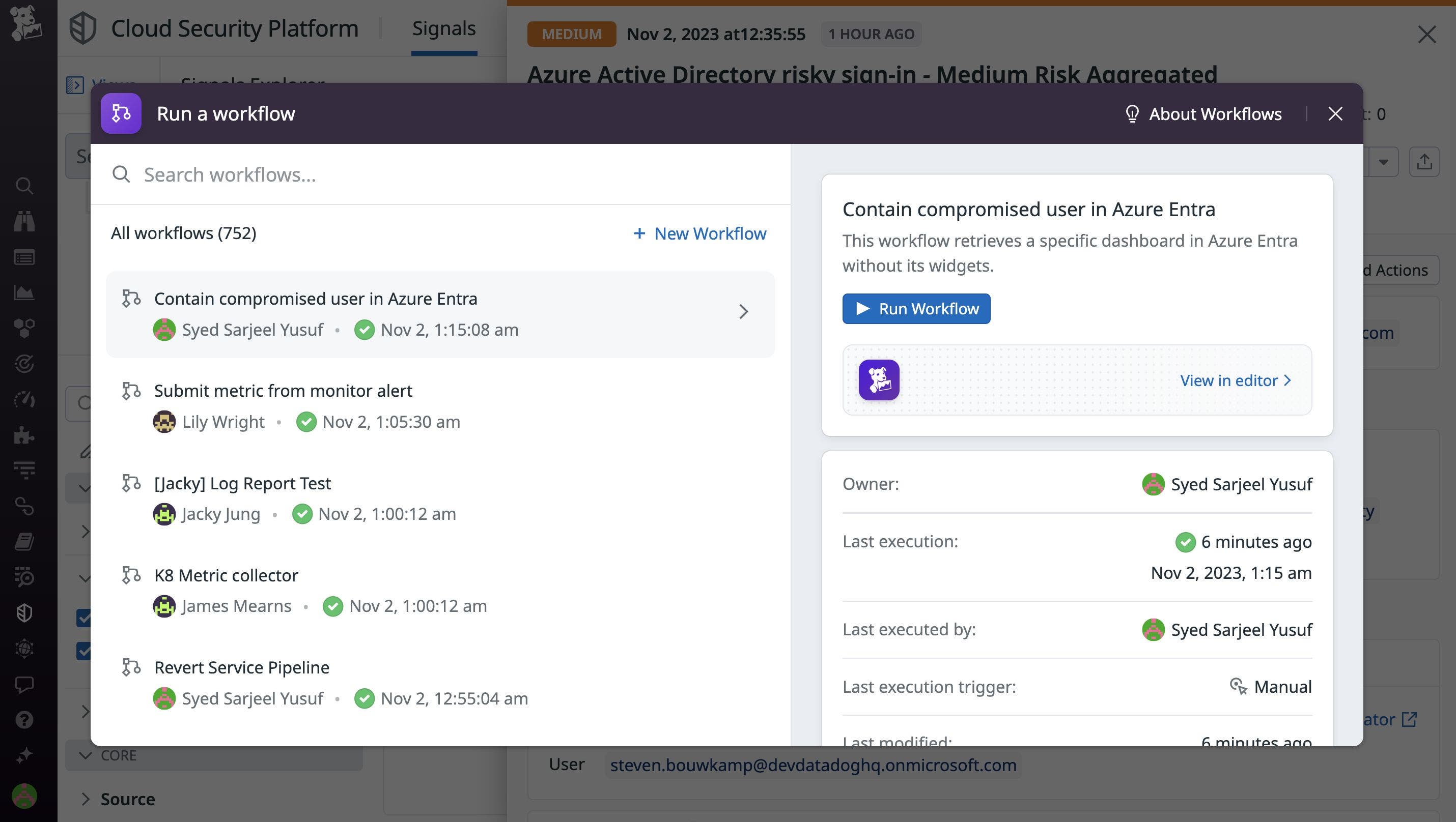 Selecting and running a workflow manually.